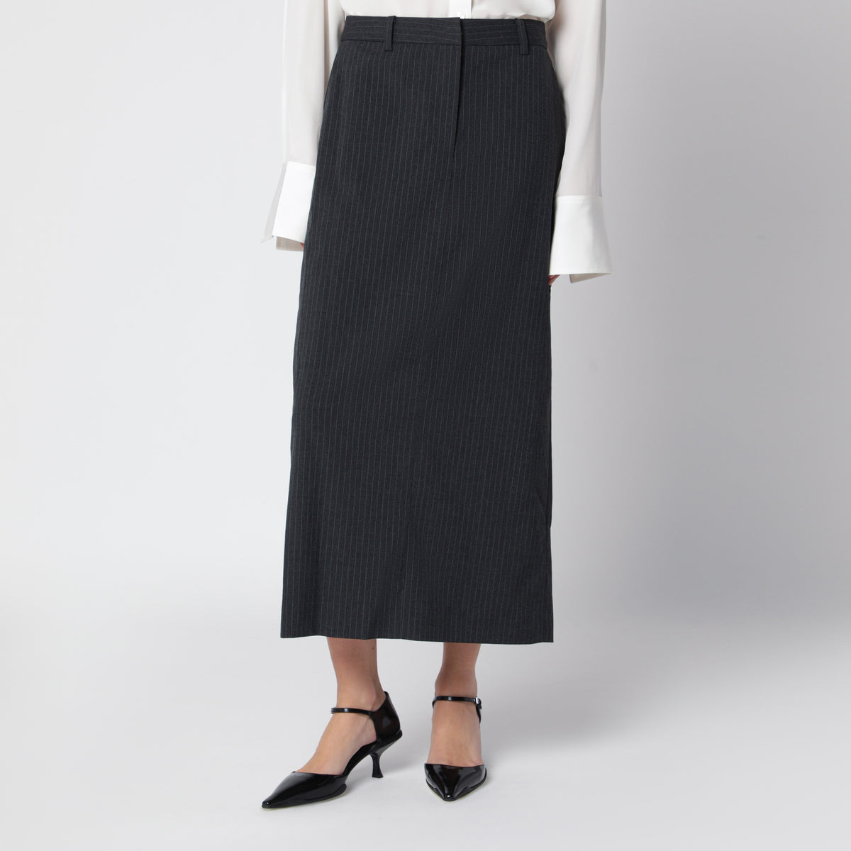 Charcoal grey pinstripe H-Line long skirt