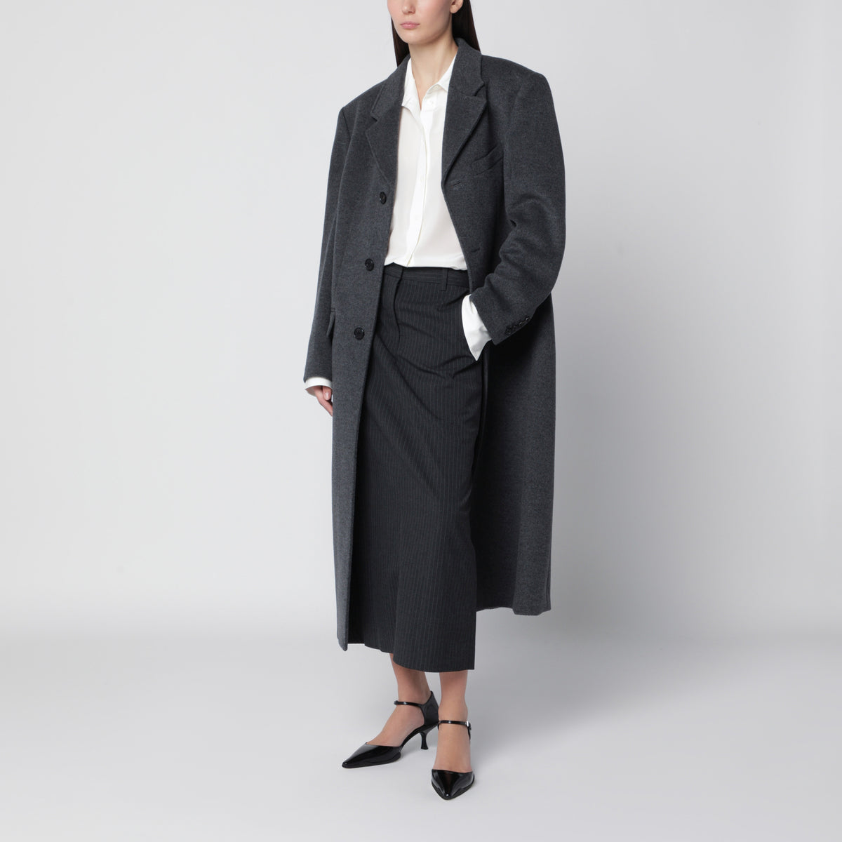 Charcoal grey pinstripe H-Line long skirt