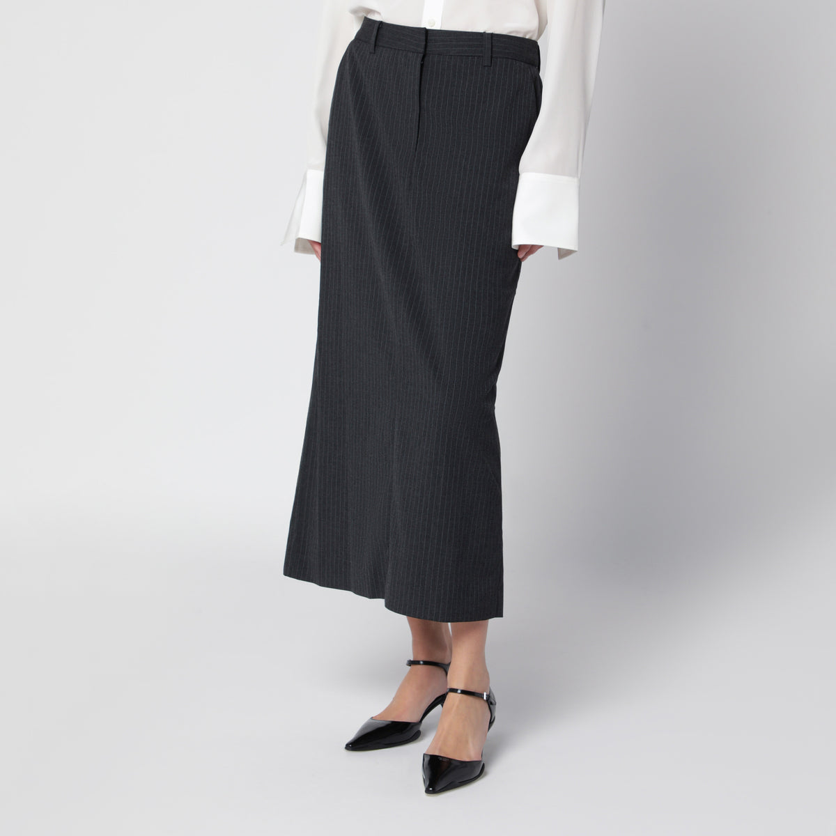 Charcoal grey pinstripe H-Line long skirt