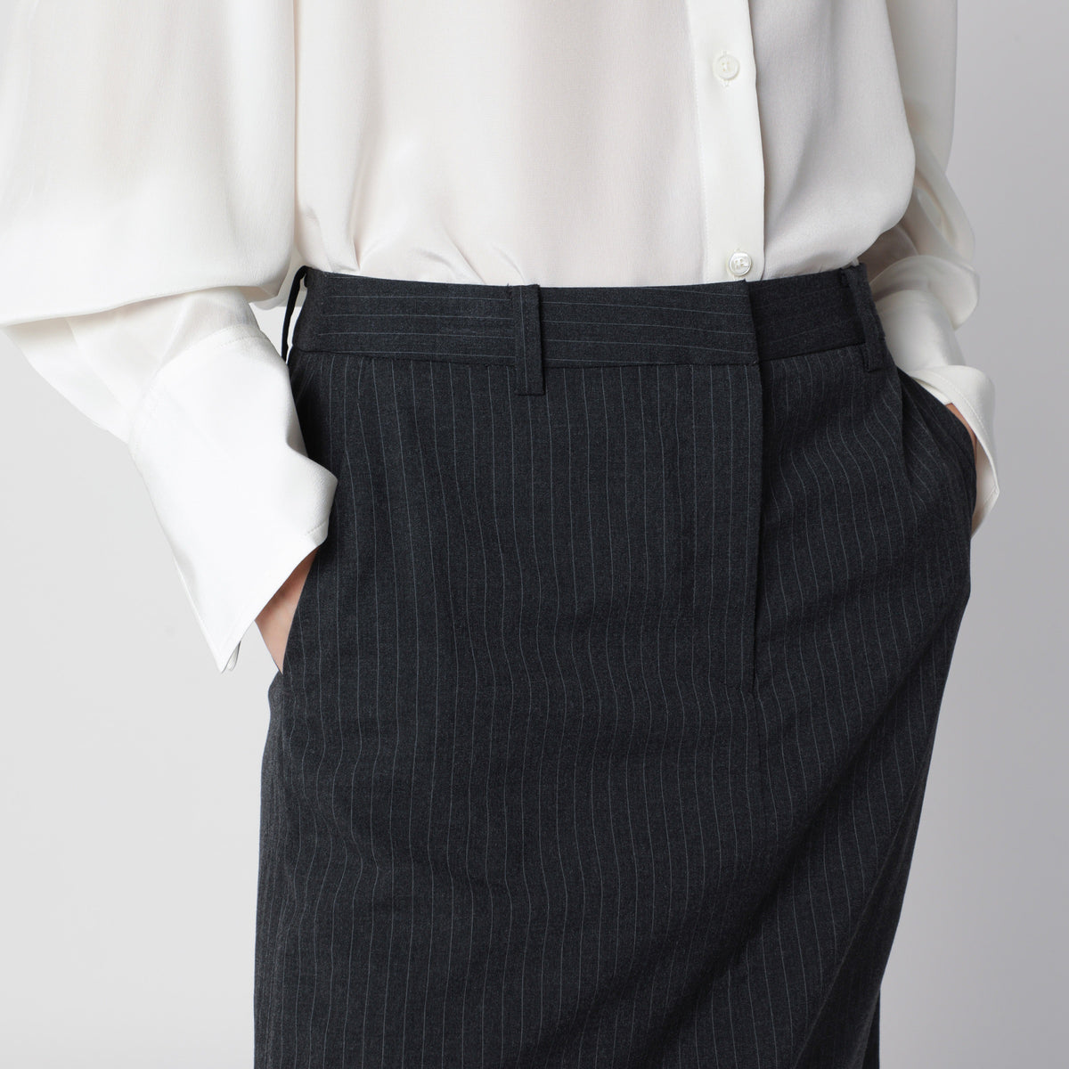 Charcoal grey pinstripe H-Line long skirt