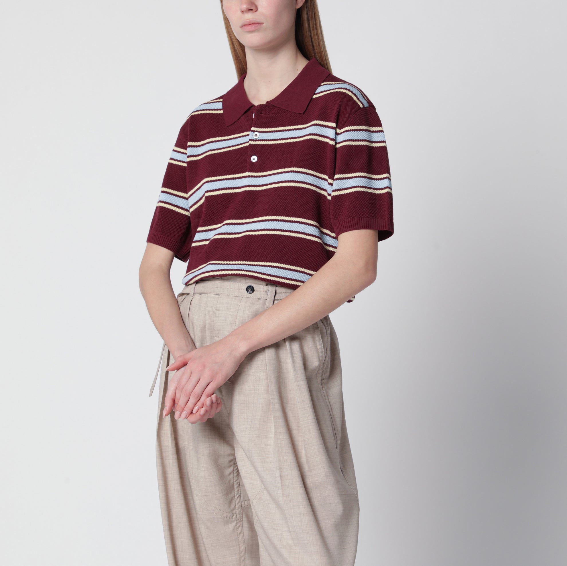 Polo rayé bordeaux/bleu clair en coton