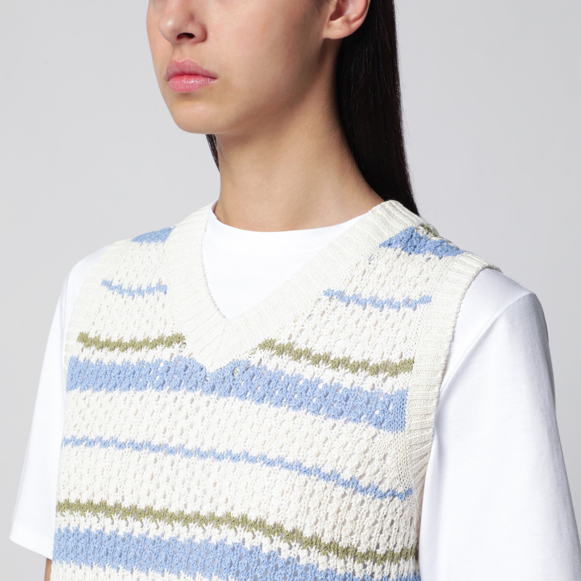 Ivory/green/light blue striped crochet-effect vest