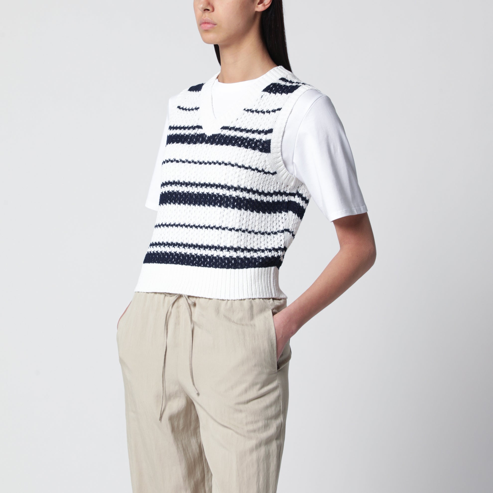 Gilet a righe effetto uncinetto bianco/blu navy