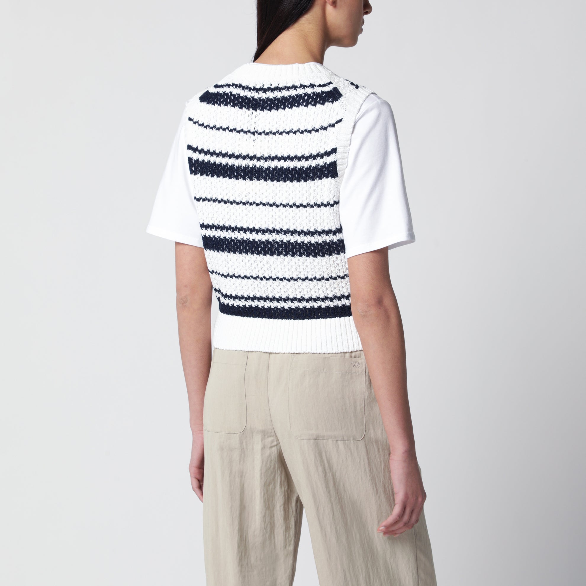 Gilet a righe effetto uncinetto bianco/blu navy