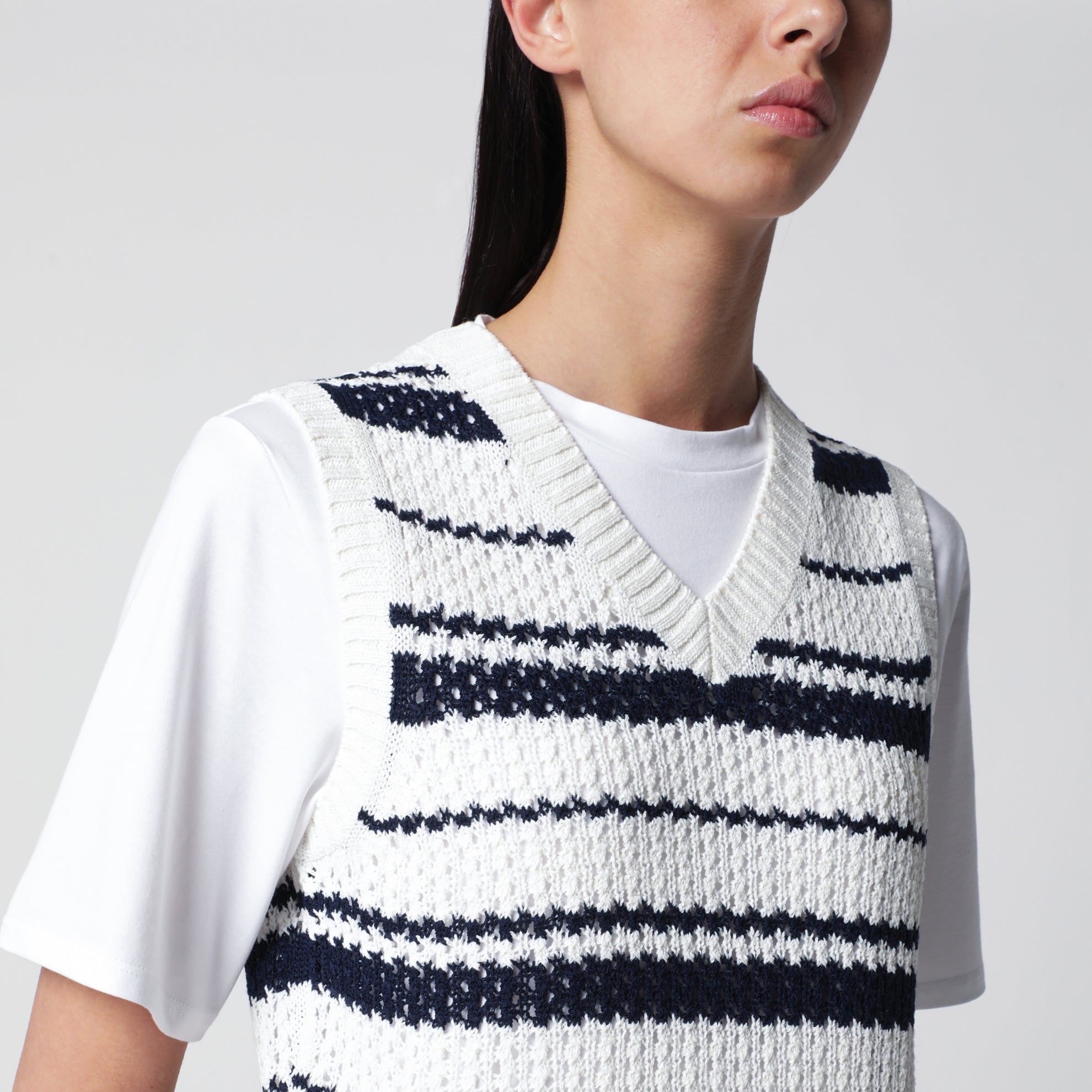 Gilet a righe effetto uncinetto bianco/blu navy