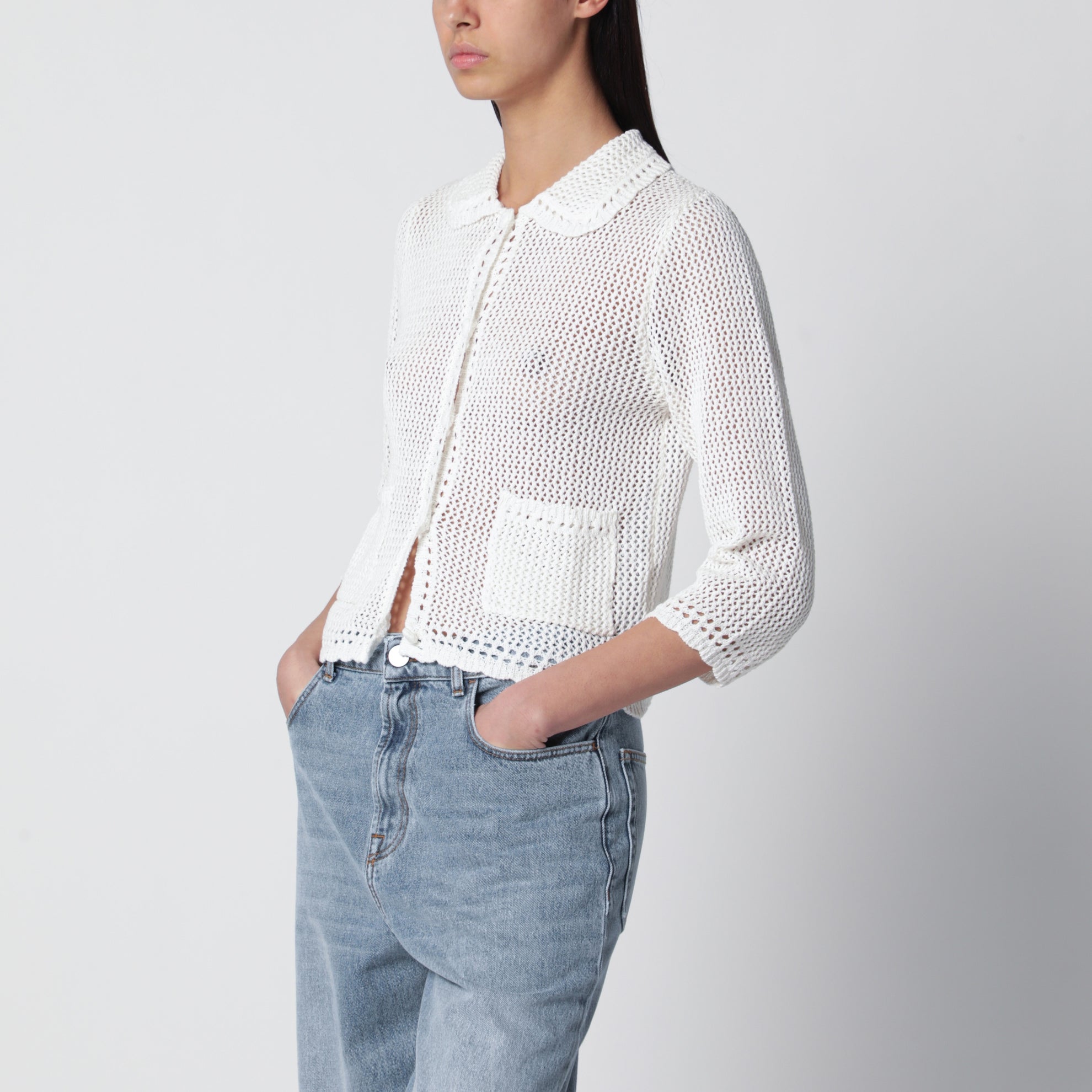 Cardigan ajouré en mélange de lin ivoire