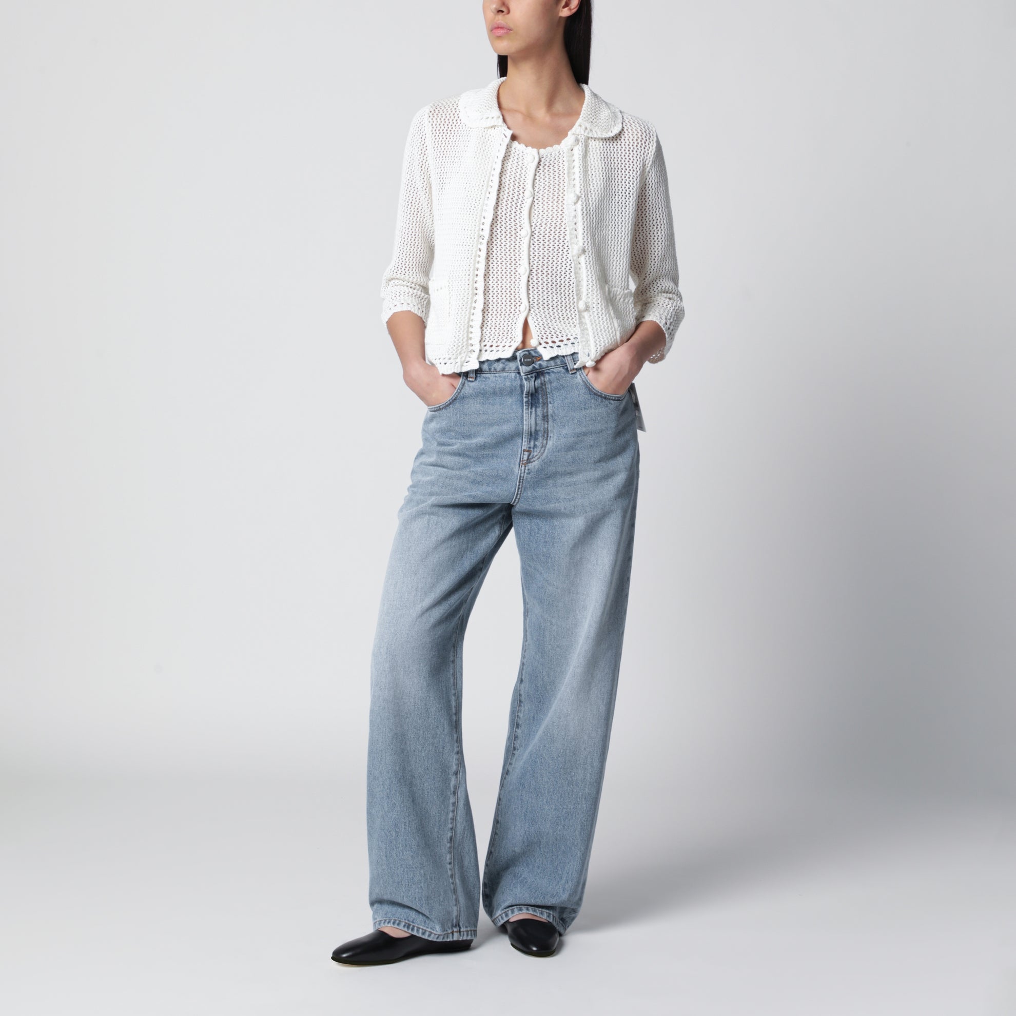 Cardigan ajouré en mélange de lin ivoire