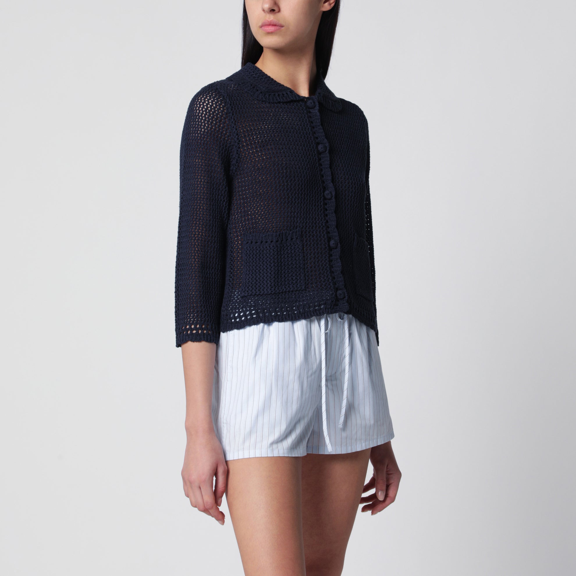 Cardigan traforato blu navy in misto lino