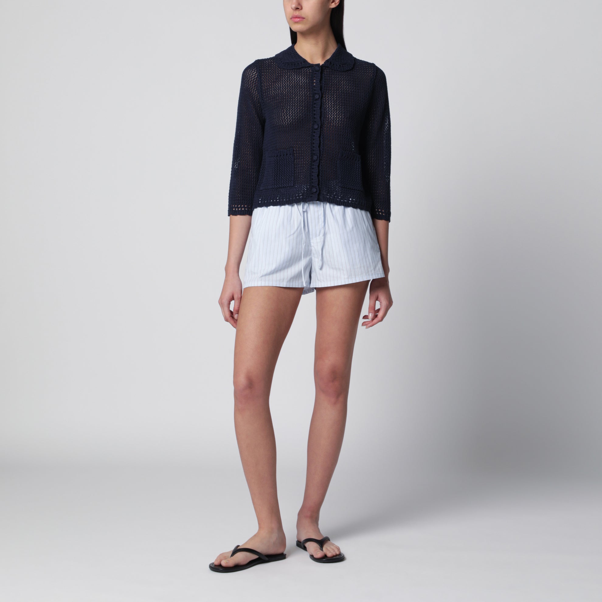 Cardigan traforato blu navy in misto lino