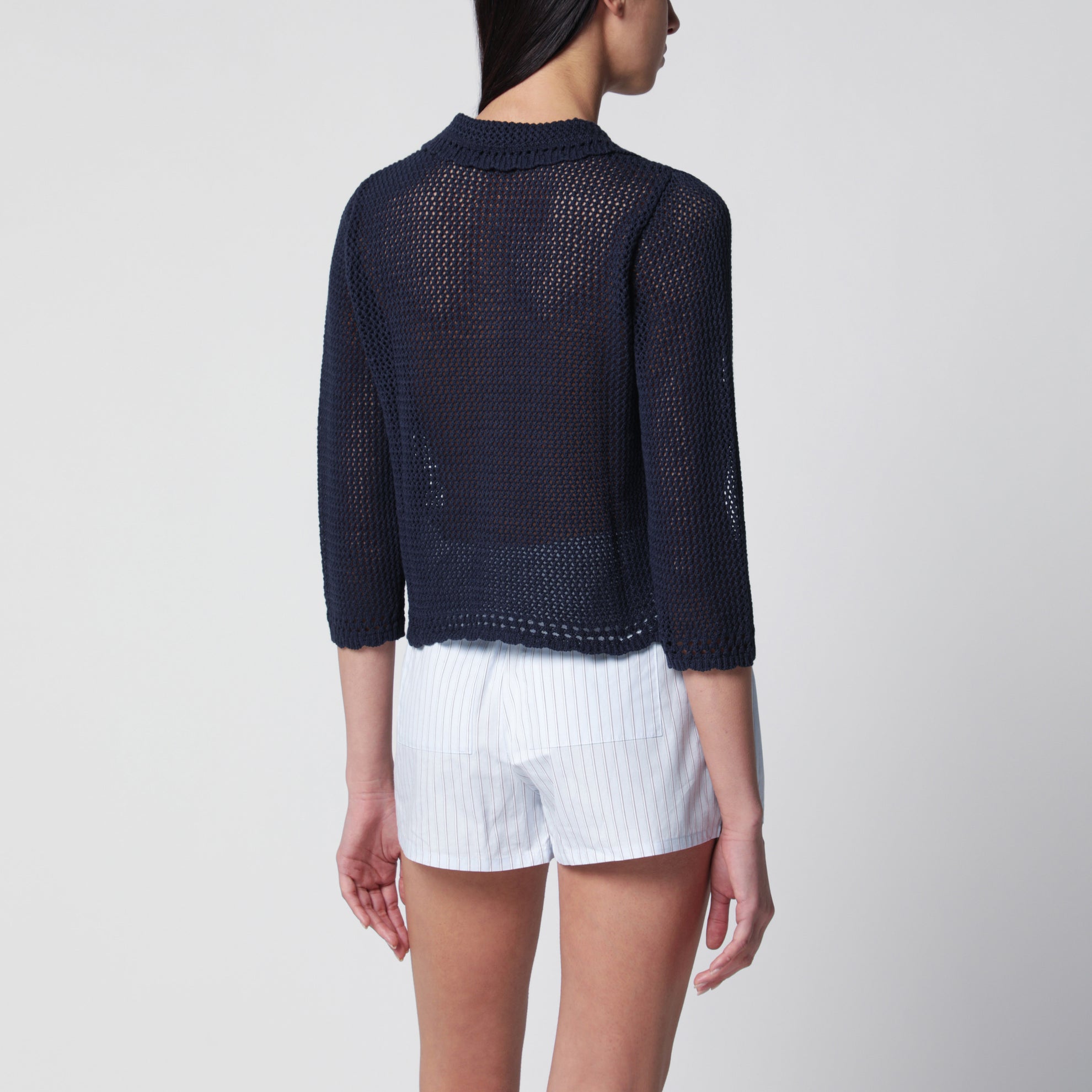 Cardigan traforato blu navy in misto lino