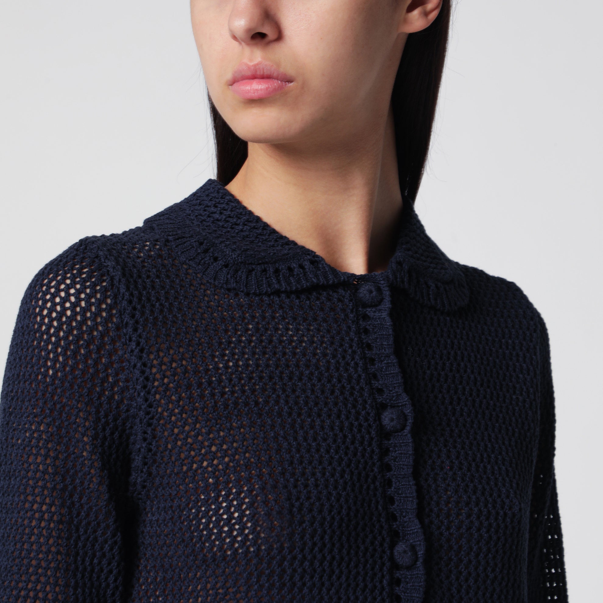 Cardigan traforato blu navy in misto lino