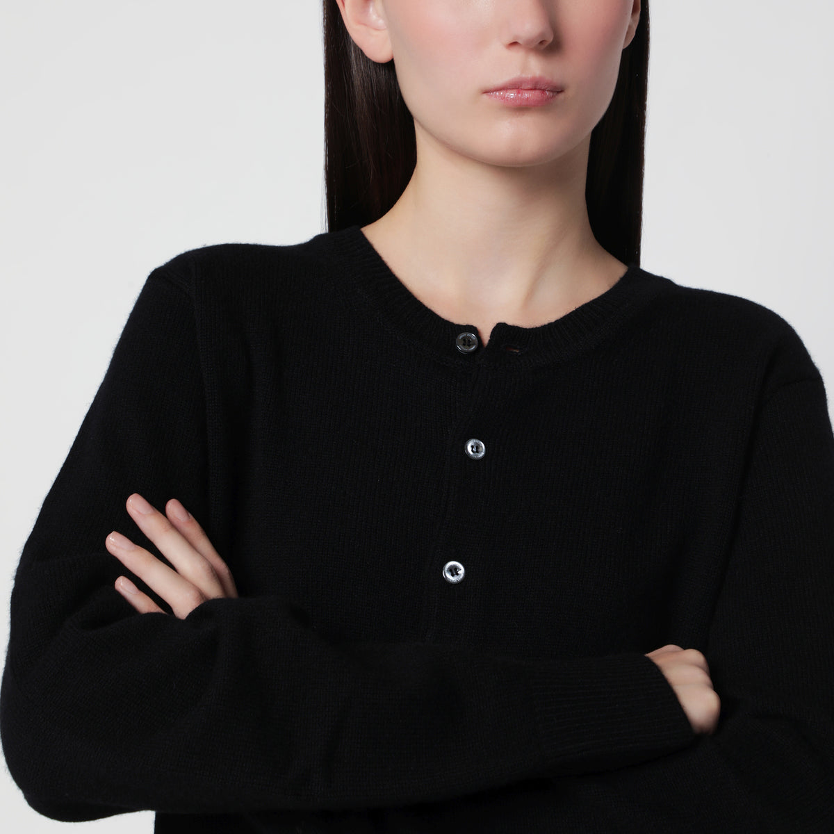 Black crew-neck cardigan in wool blend