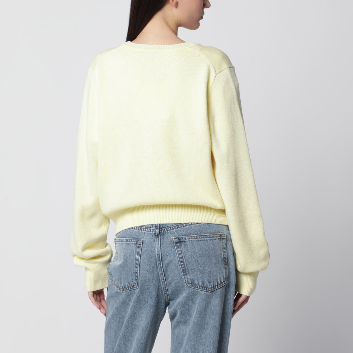 Light yellow crew-neck cardigan in wool blend