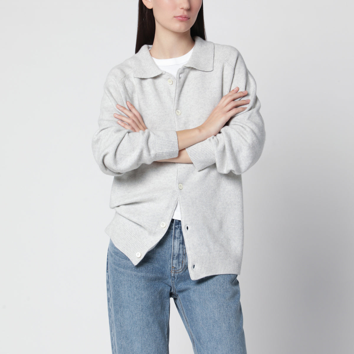 Grauer melierter Unisex-Cardigan mit Kragen