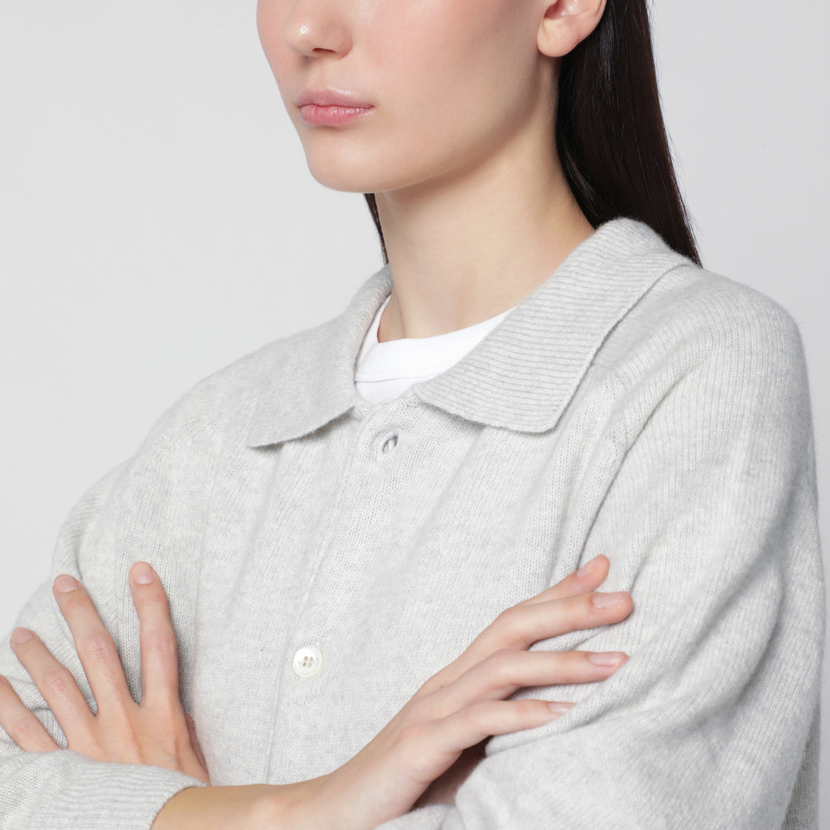 Grauer melierter Unisex-Cardigan mit Kragen