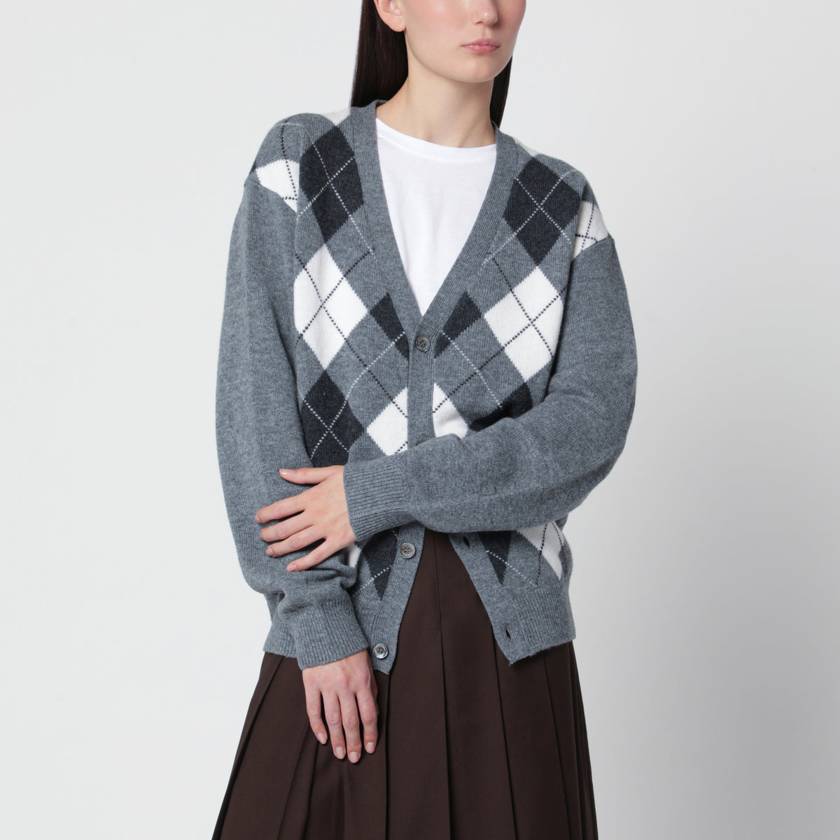 Cardigan gris en laine à motif losanges