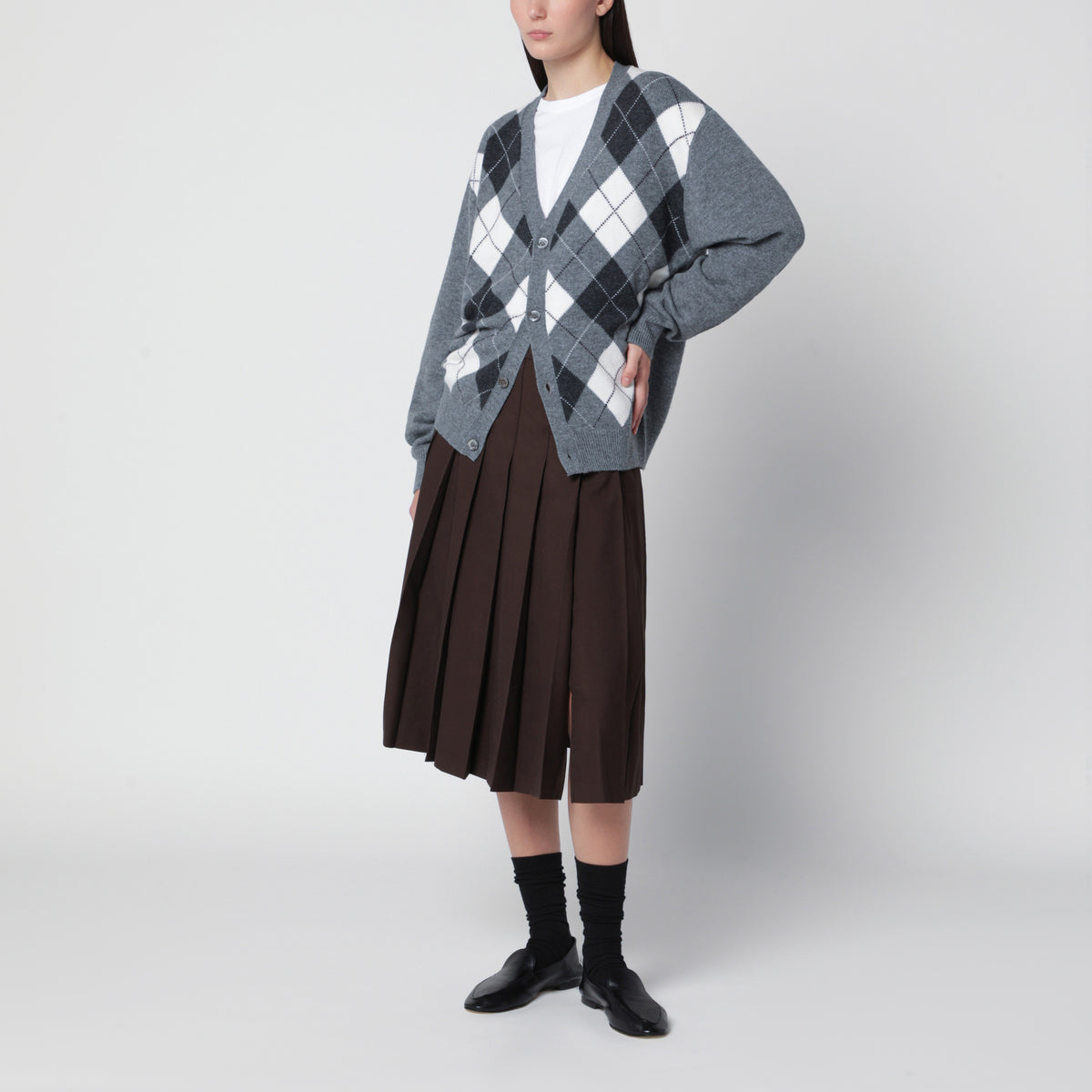 Cardigan gris en laine à motif losanges