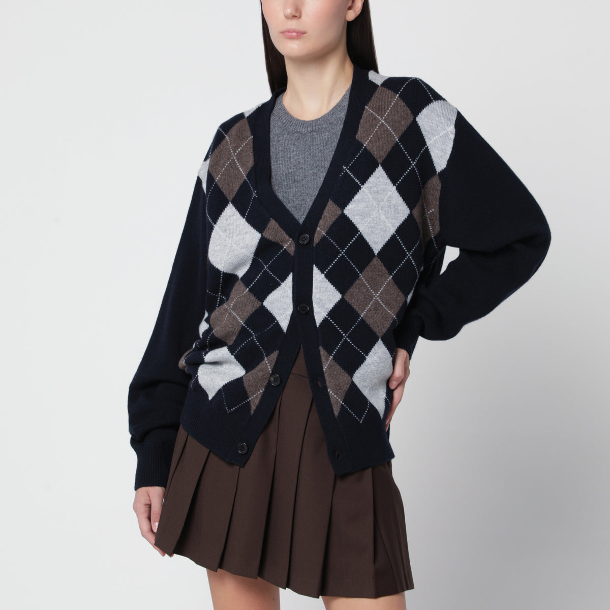 Navy blue wool cardigan with argyle pattern