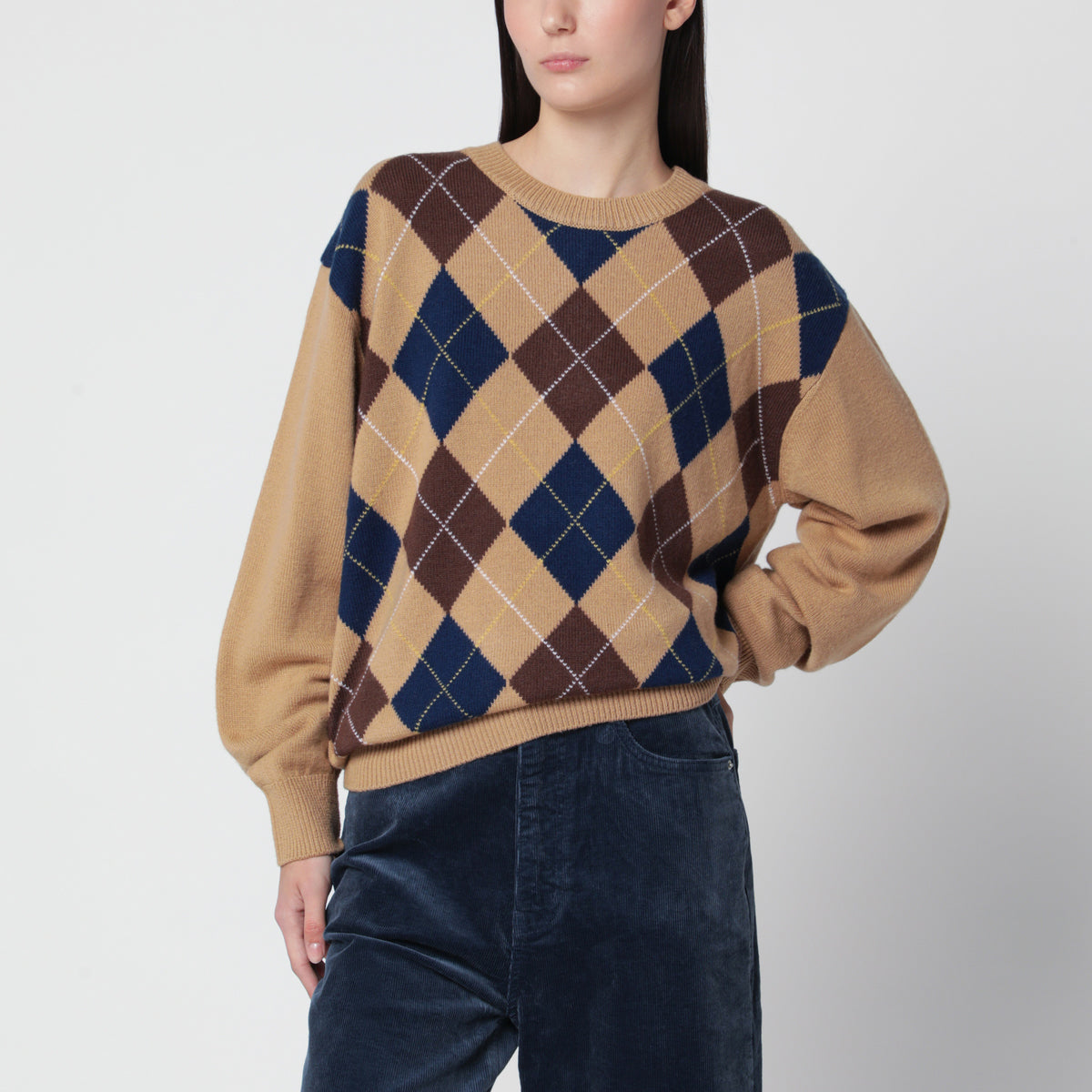 Argyle camel beige wool crewneck sweater
