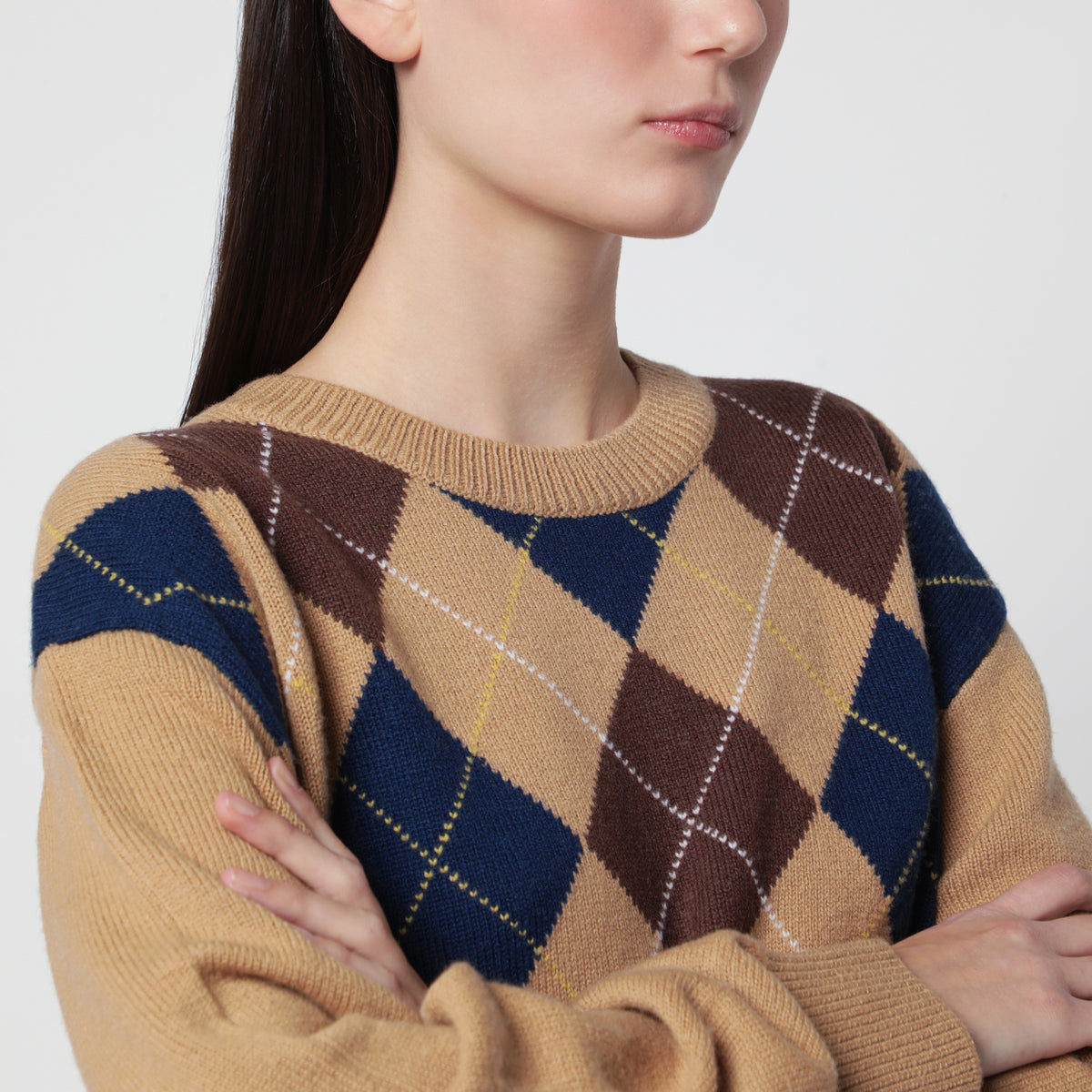 Argyle camel beige wool crewneck sweater