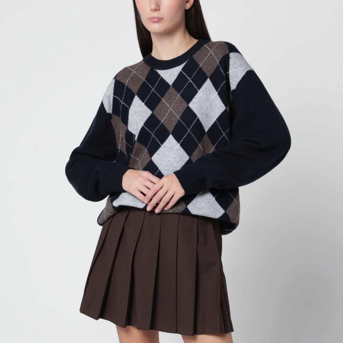 Navy argyle crewneck wool sweater