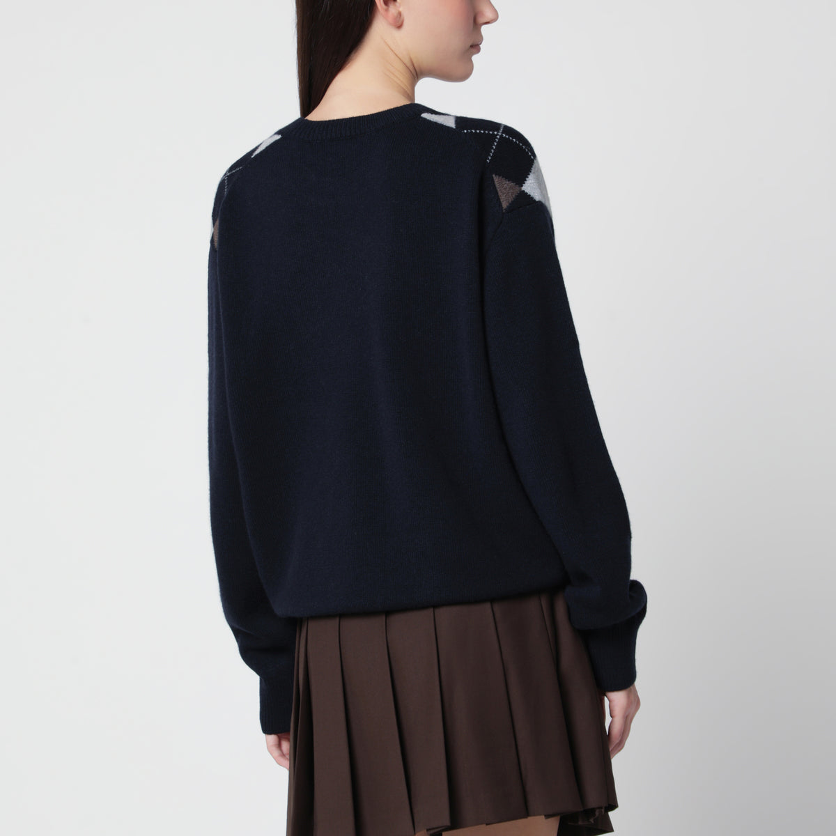 Navy argyle crewneck wool sweater