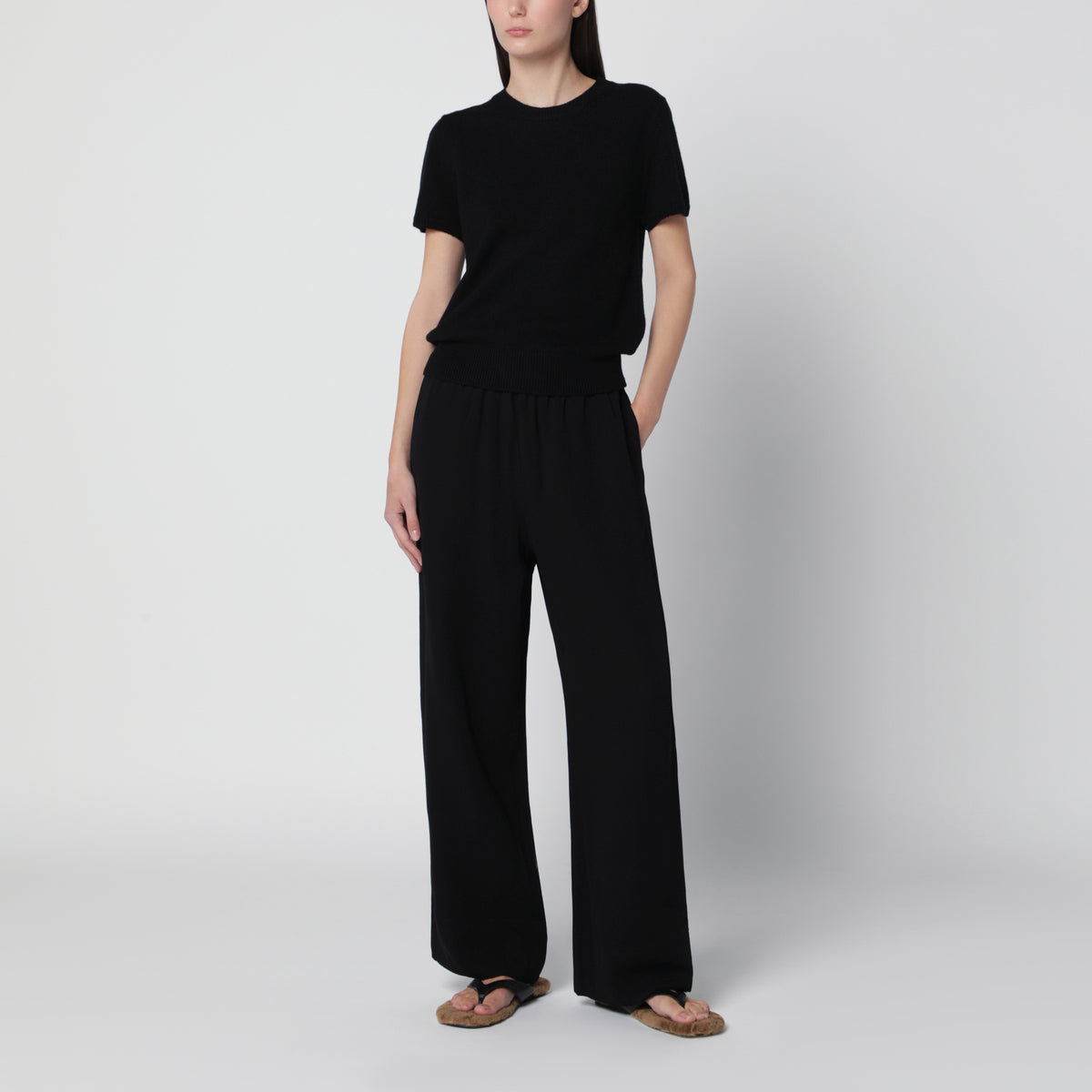 Black short-sleeved top in wool blend