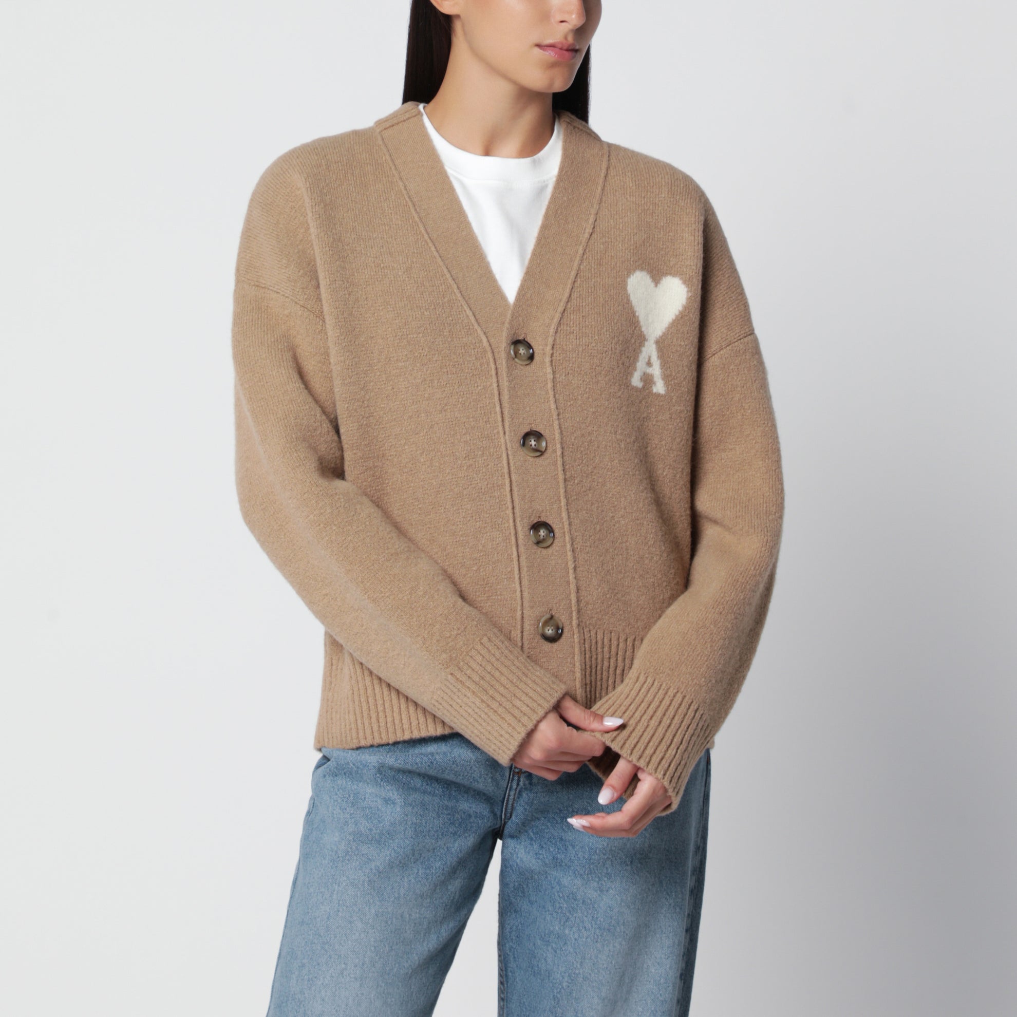 Cardigan Ami de Coeur beige in misto alpaca