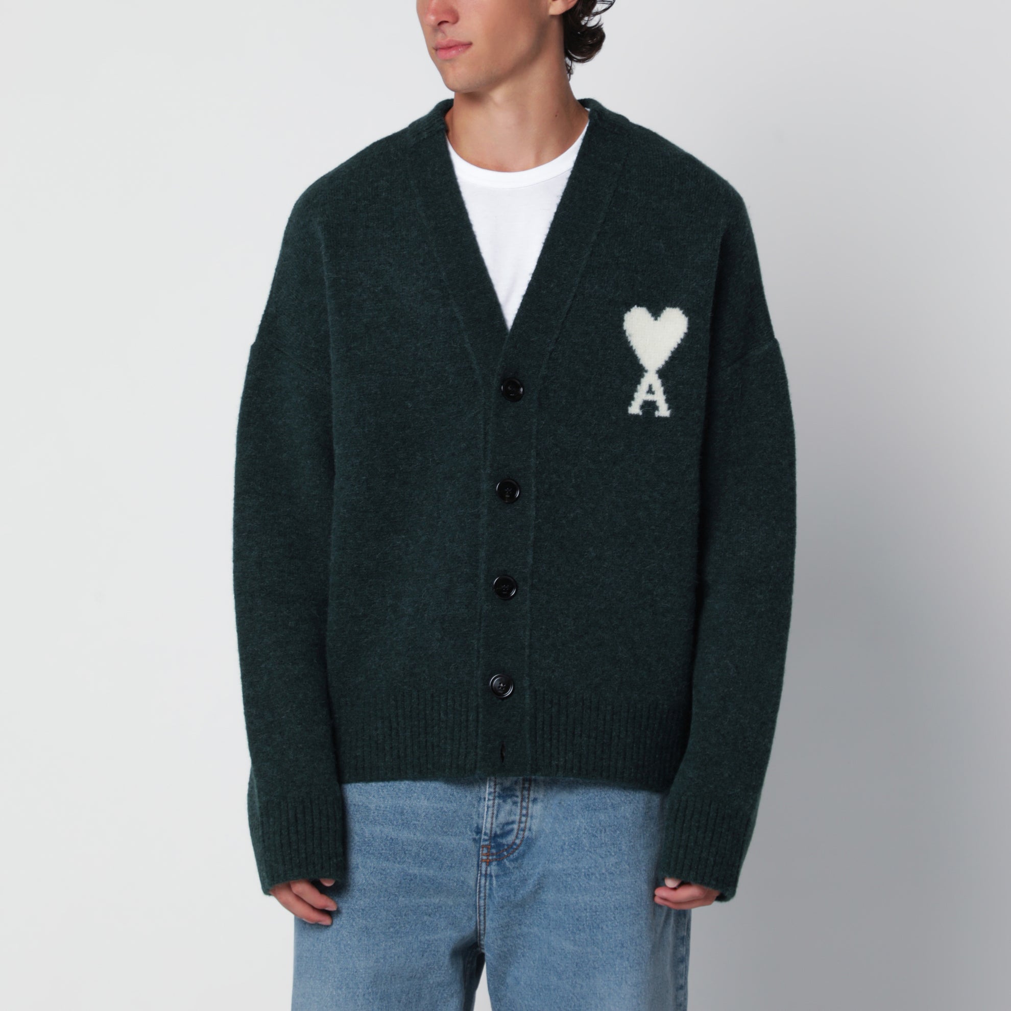 Cardigan Ami de Coeur verde bottiglia in misto alpaca