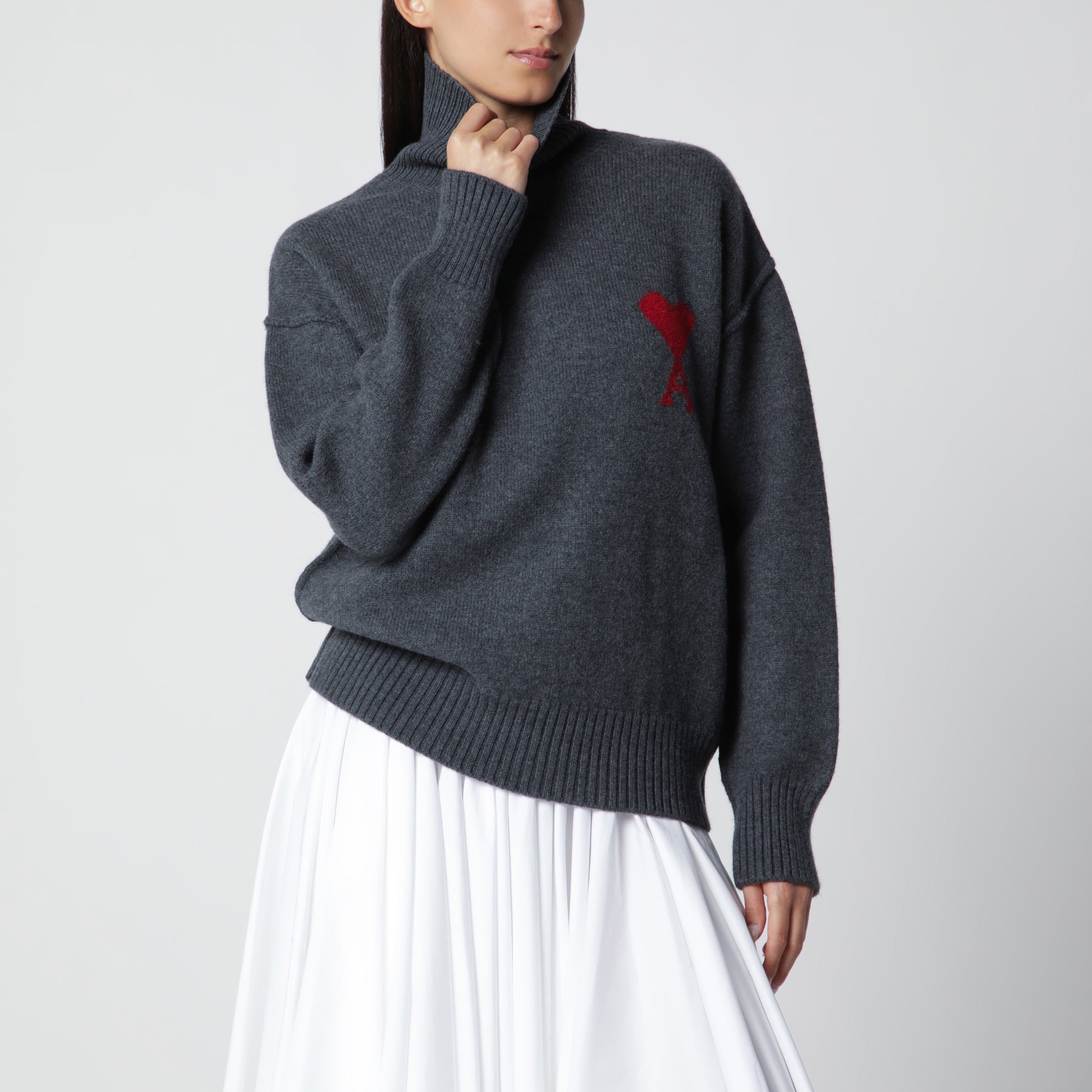 Ami De Coeur Pullover aus grau meliertem Merinowollstrick