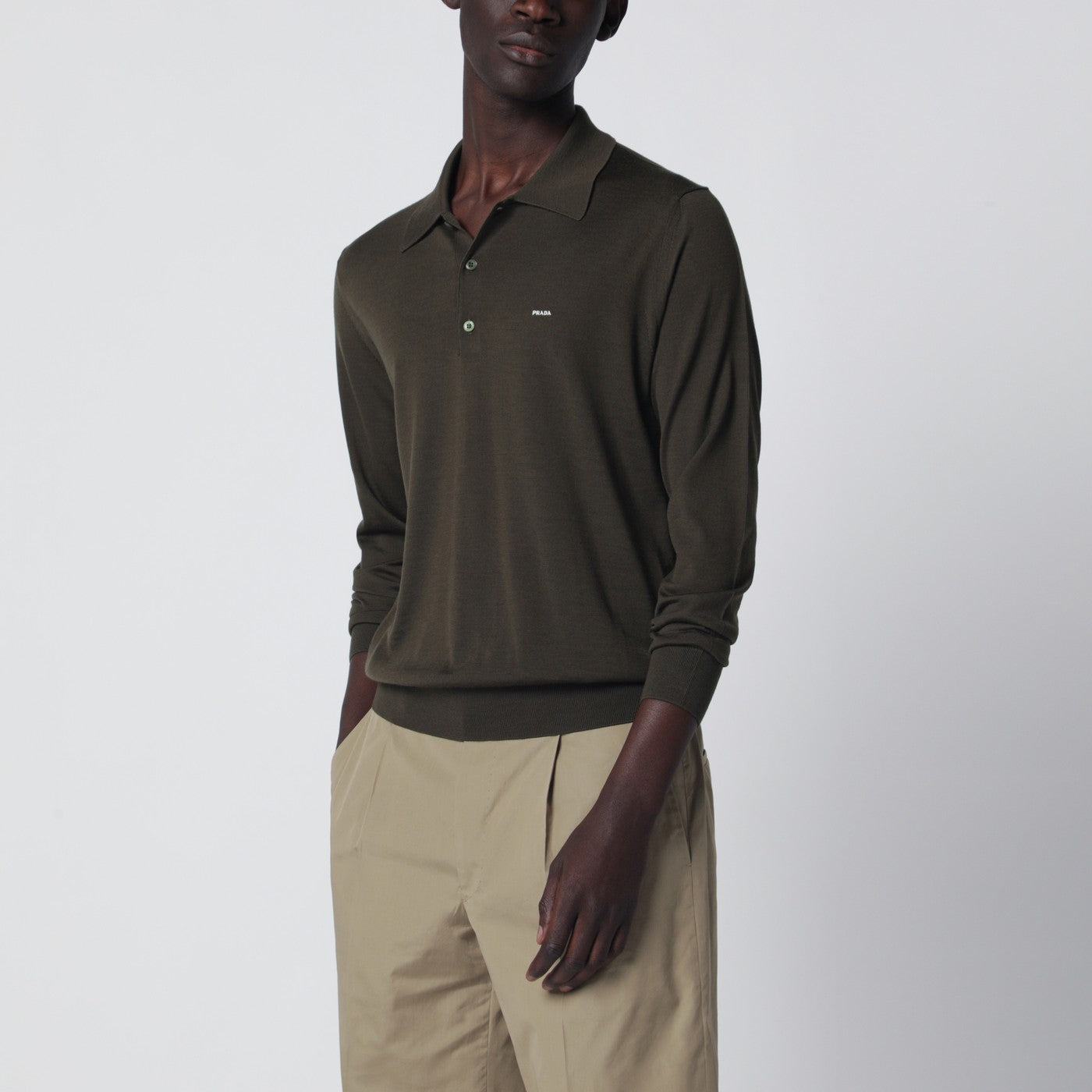 Military green combed wool polo shirt