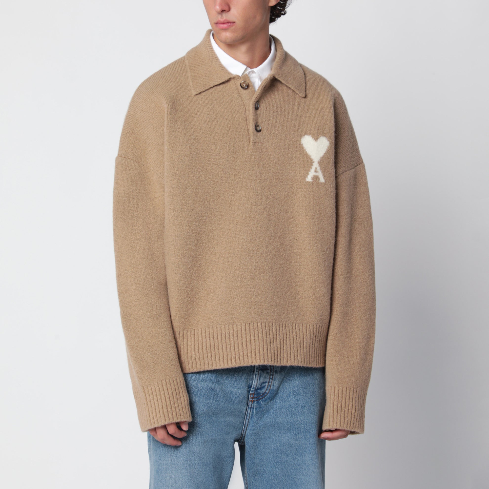 Maglione a polo Ami de Coeur beige in misto alpaca