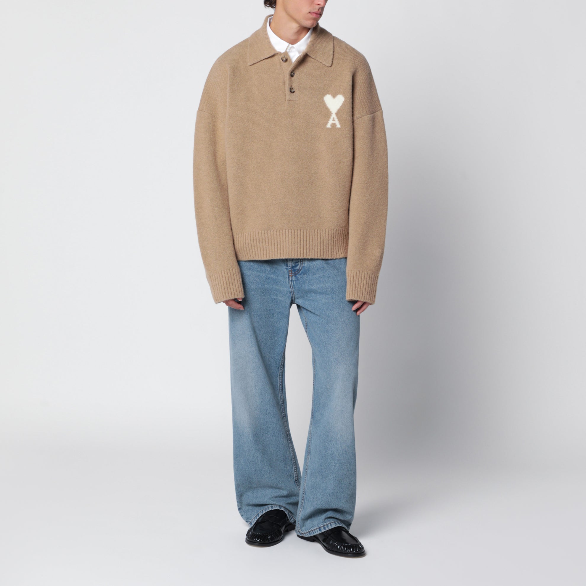 Maglione a polo Ami de Coeur beige in misto alpaca