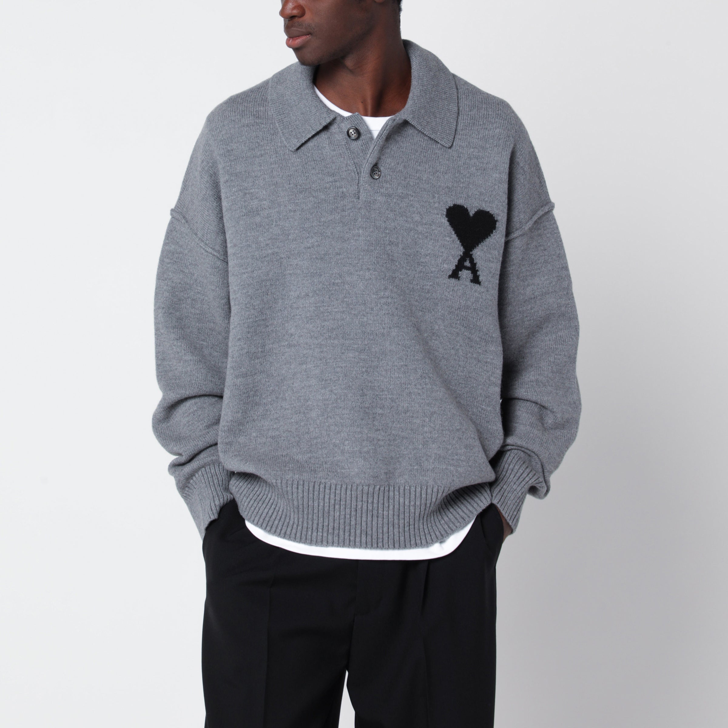 Ami Paris Grey Ami de Coeur wool polo sweater | TheDoubleF