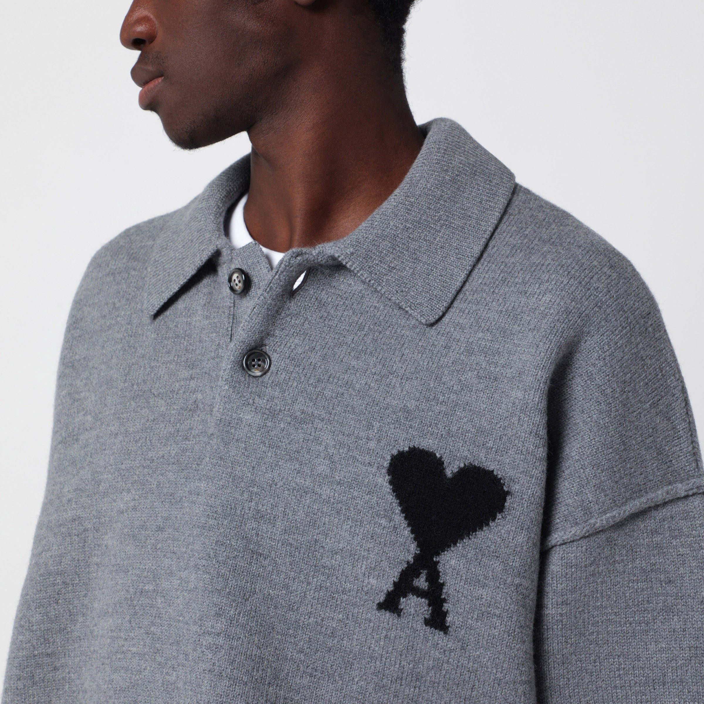 Ami Paris Grey Ami de Coeur wool polo sweater | TheDoubleF
