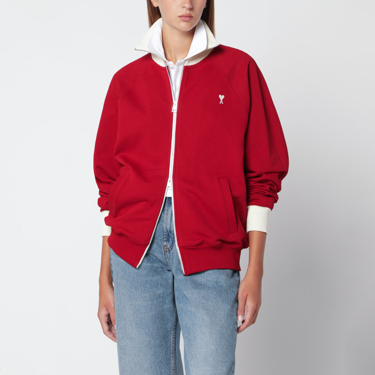 Ami de Coeur Sweatshirt mit Reißverschluss aus Baumwolle, Rot/Elfenbein