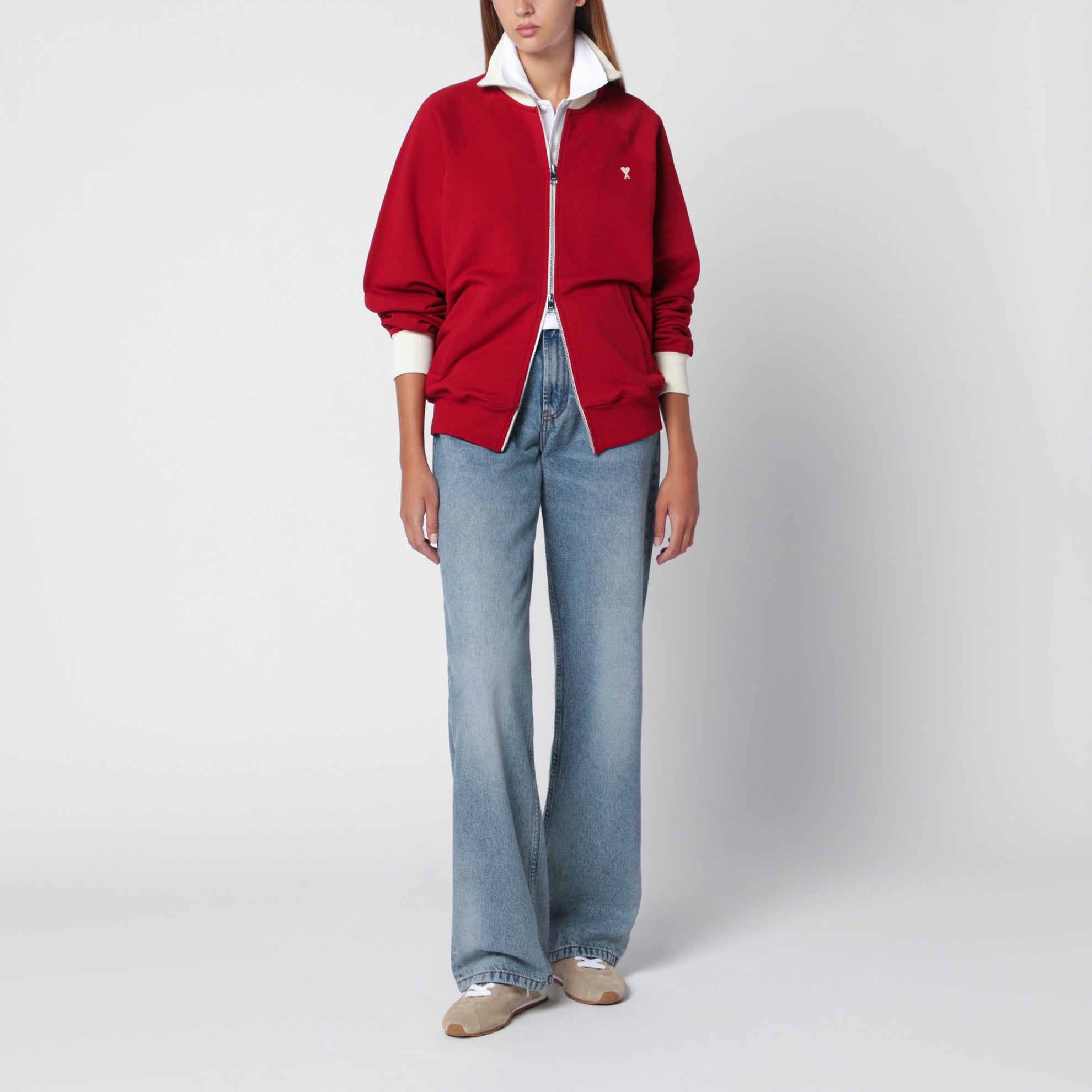 Ami de Coeur Sweatshirt mit Reißverschluss aus Baumwolle, Rot/Elfenbein