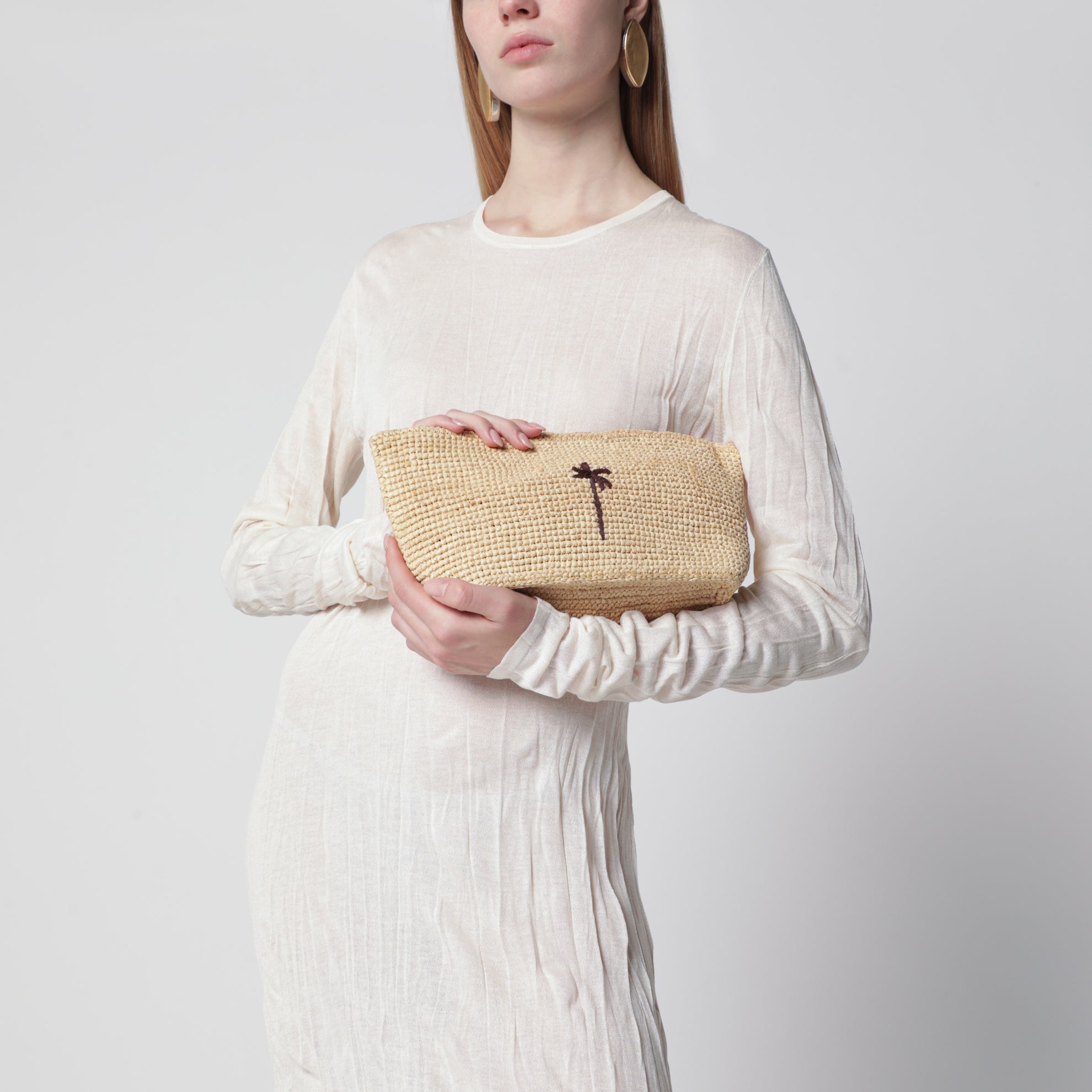 Raffia clutch with logo embroidery