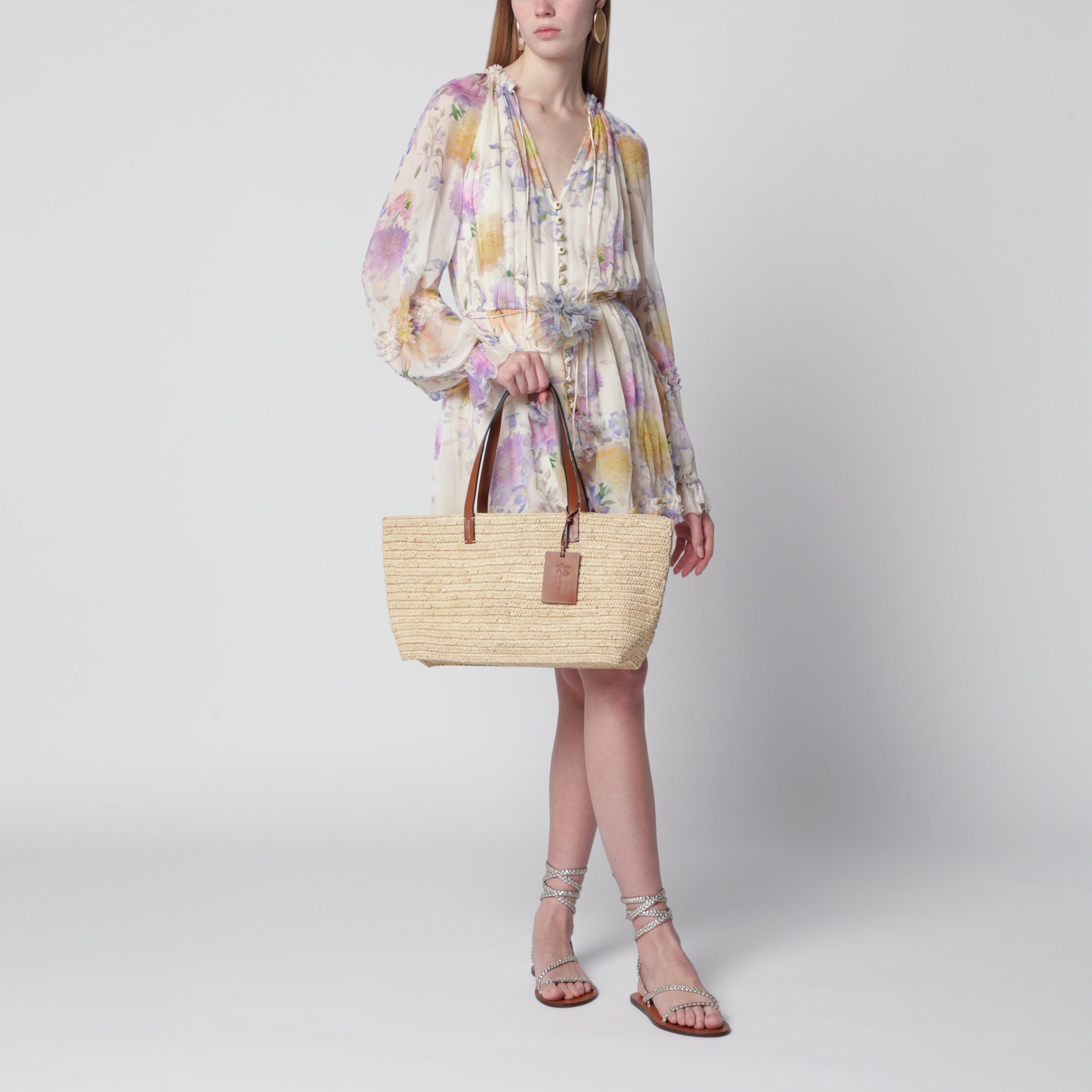 Raffia and leather shoulder bag
