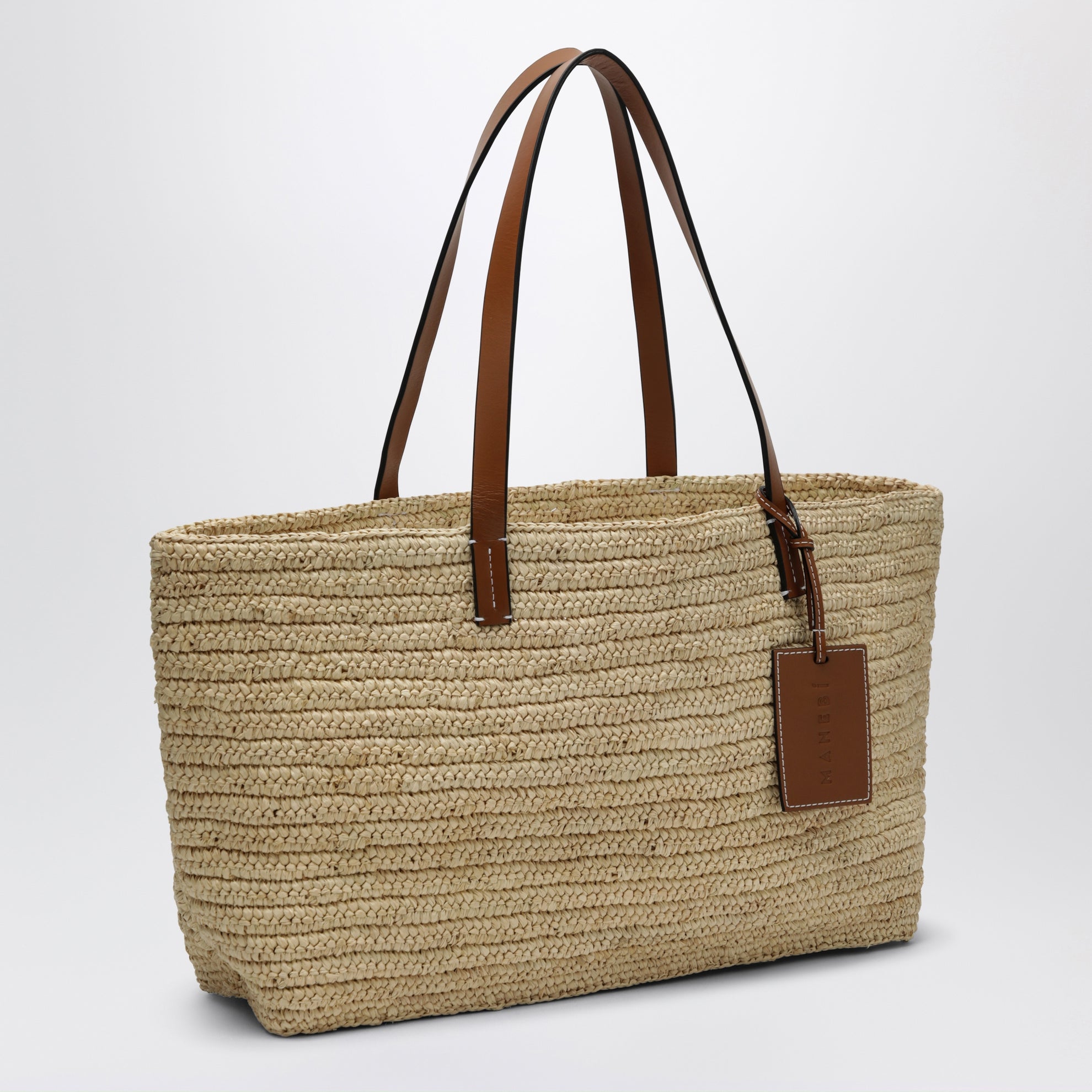 Raffia and leather shoulder bag