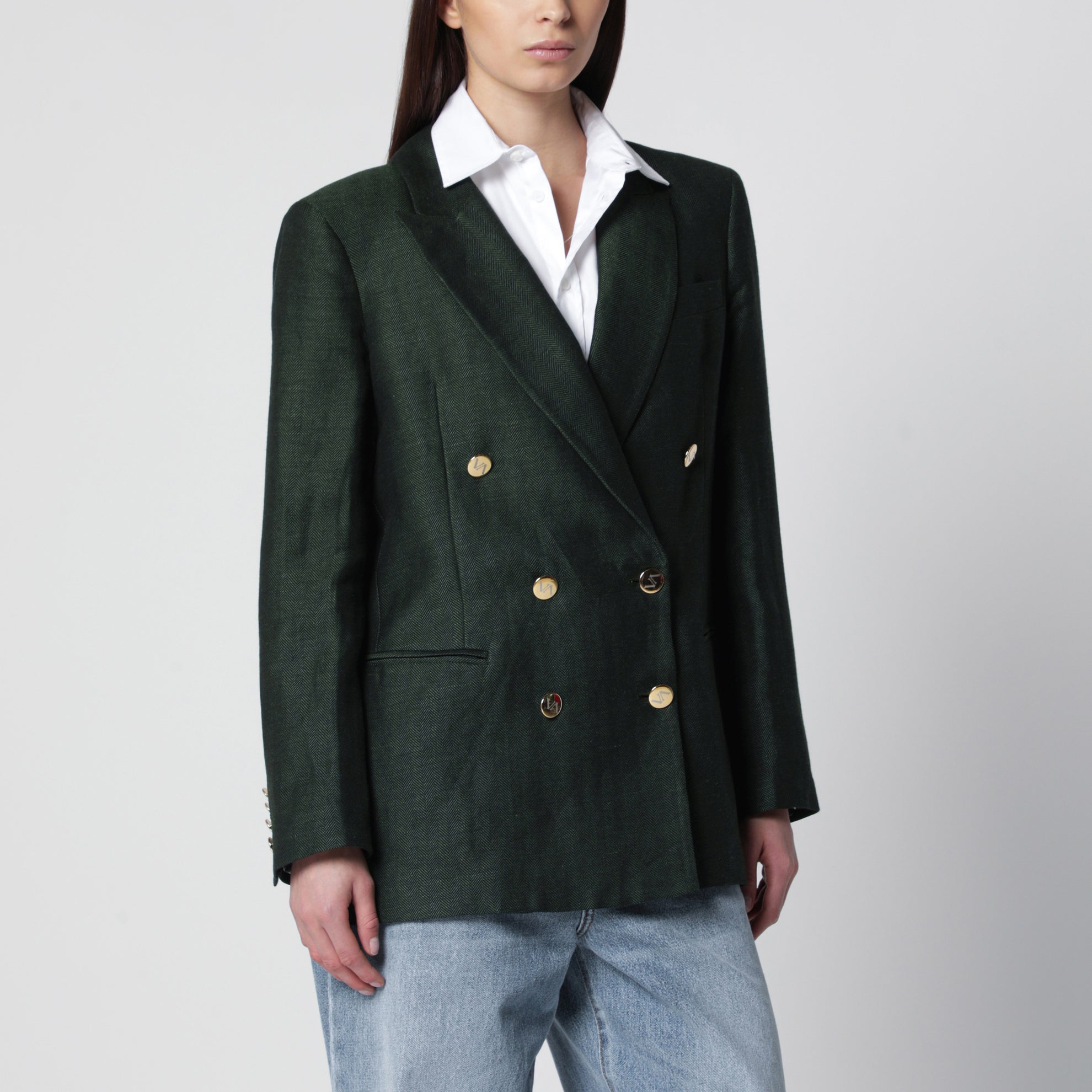 Veste double boutonnage verte en mélange lin
