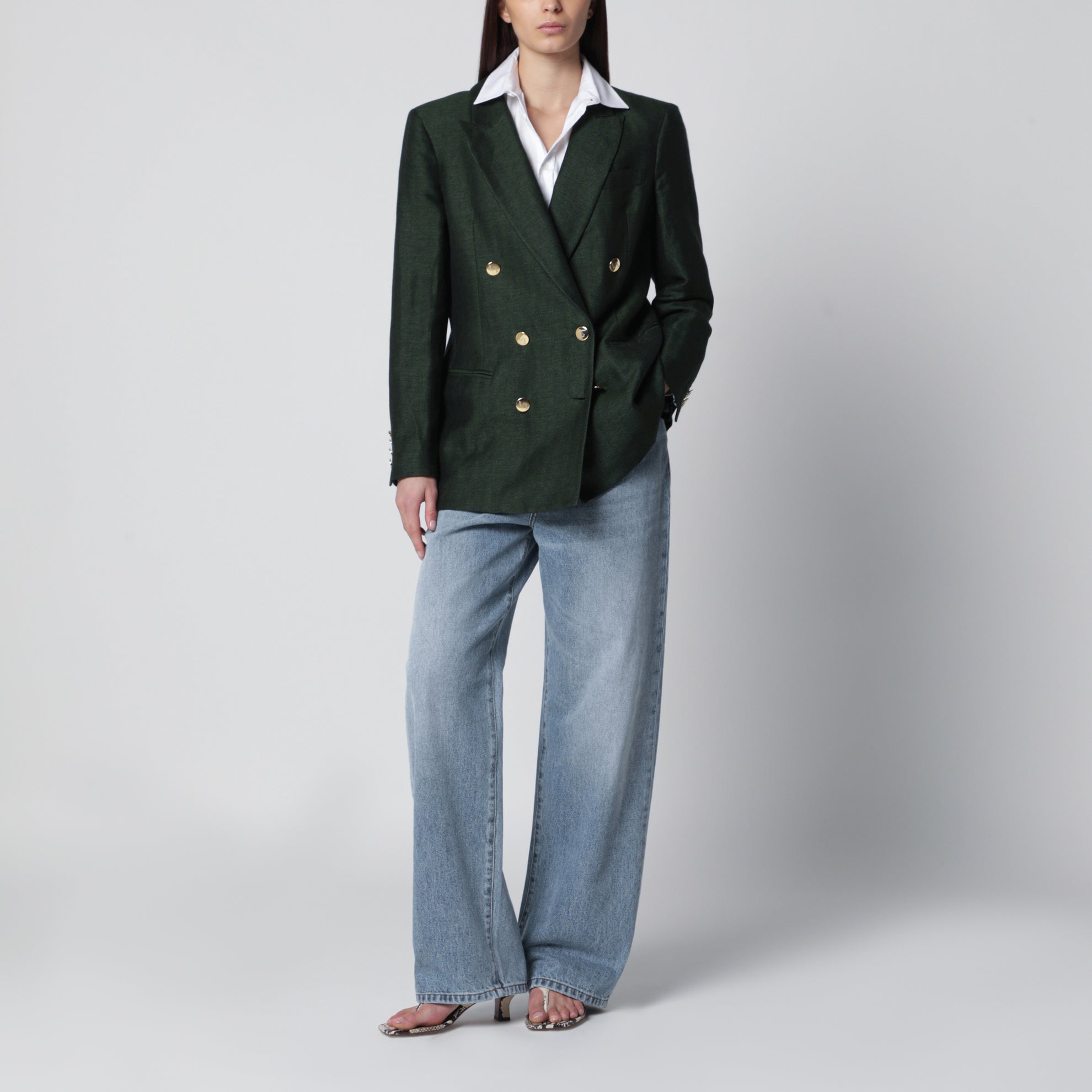 Veste double boutonnage verte en mélange lin