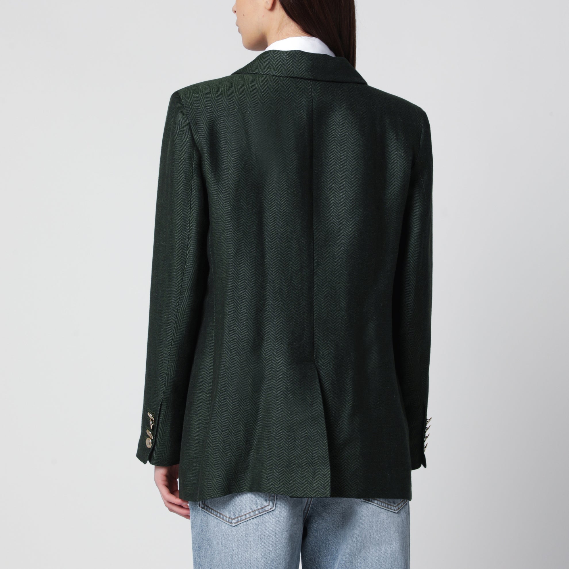 Veste double boutonnage verte en mélange lin