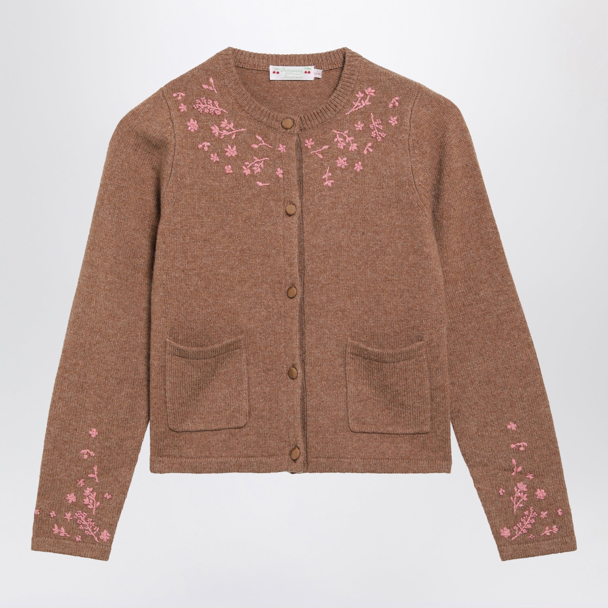 Beige wool-blend cardigan with floral embroidery