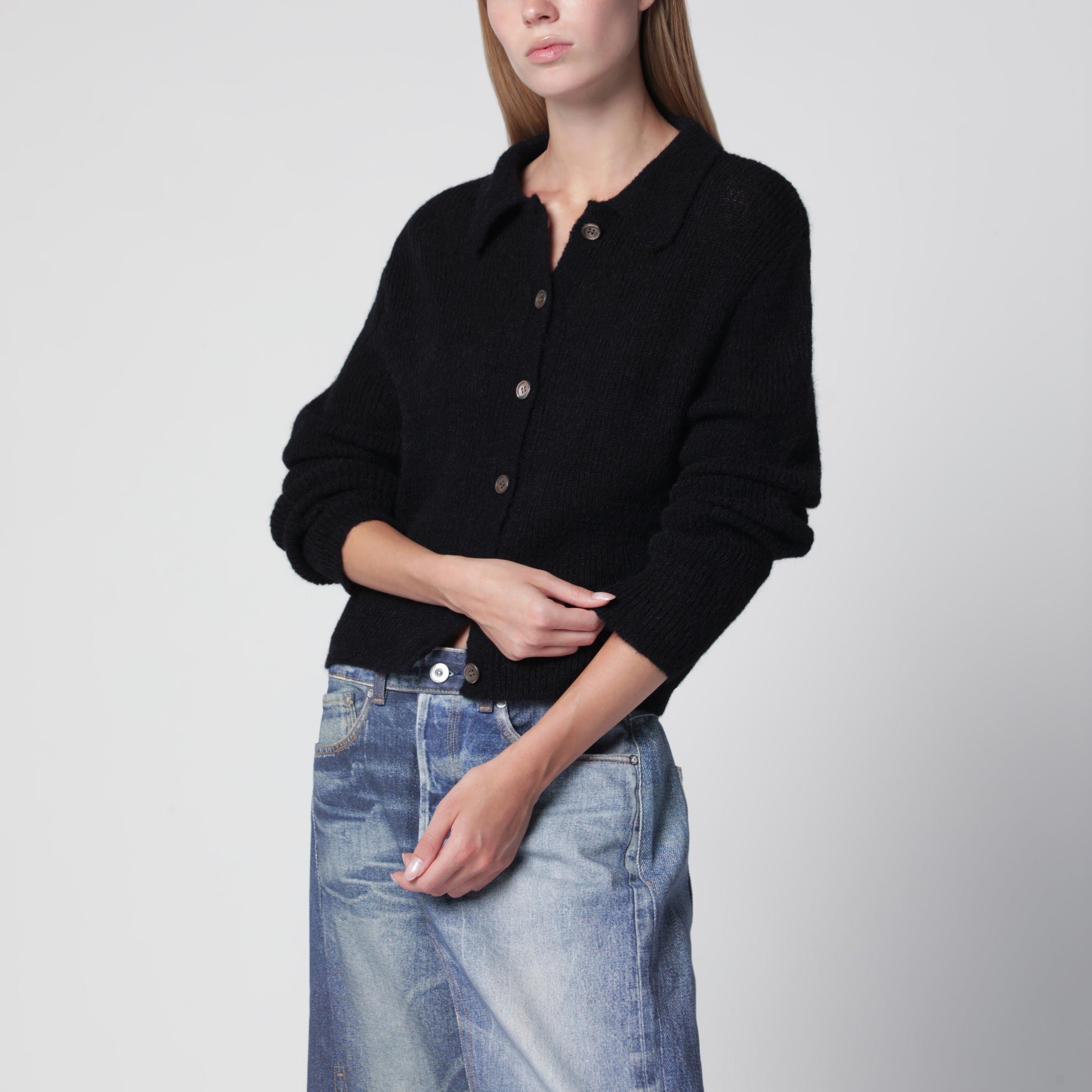 Schwarzer Polo-Cardigan aus Alpaka-Mischgewebe