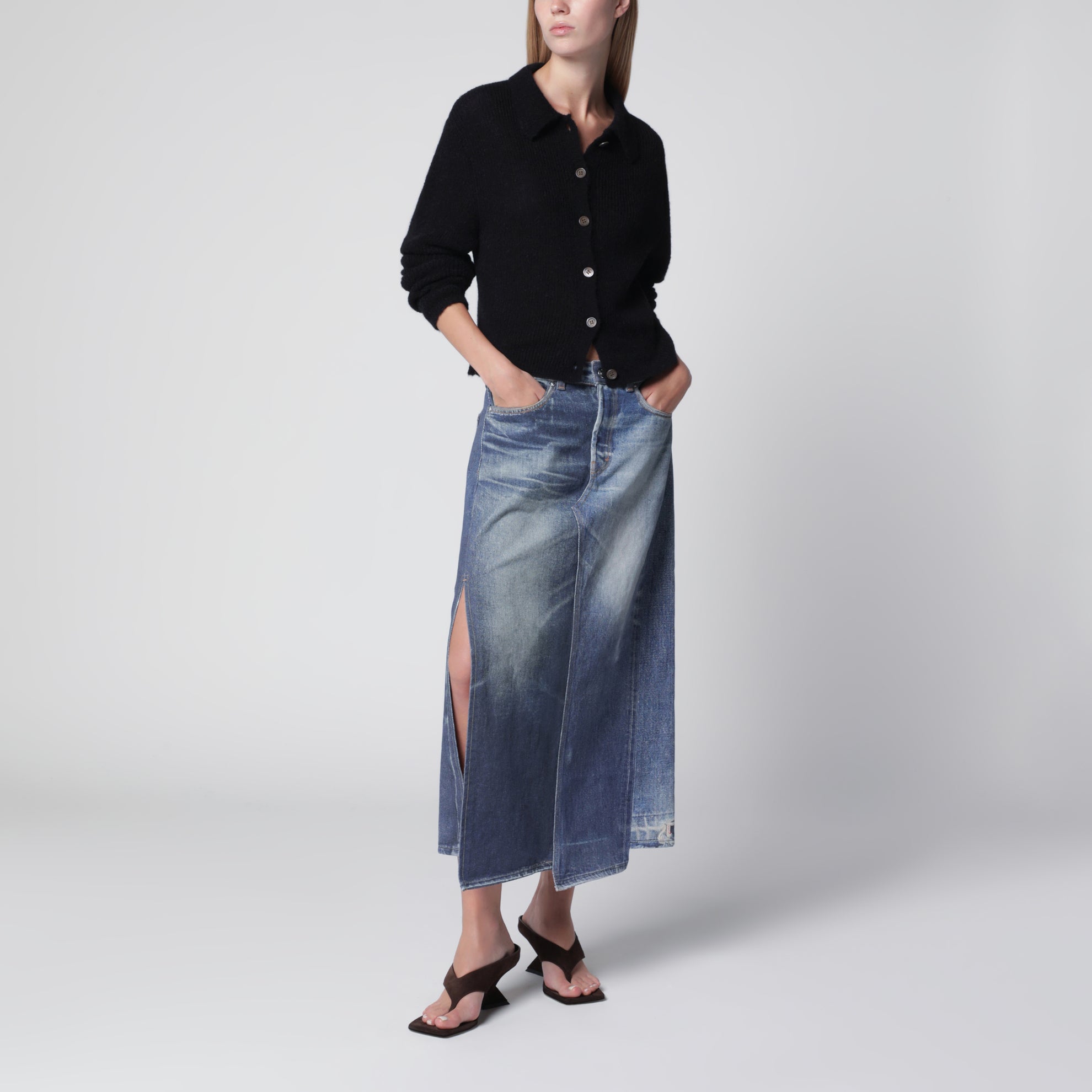 Schwarzer Polo-Cardigan aus Alpaka-Mischgewebe