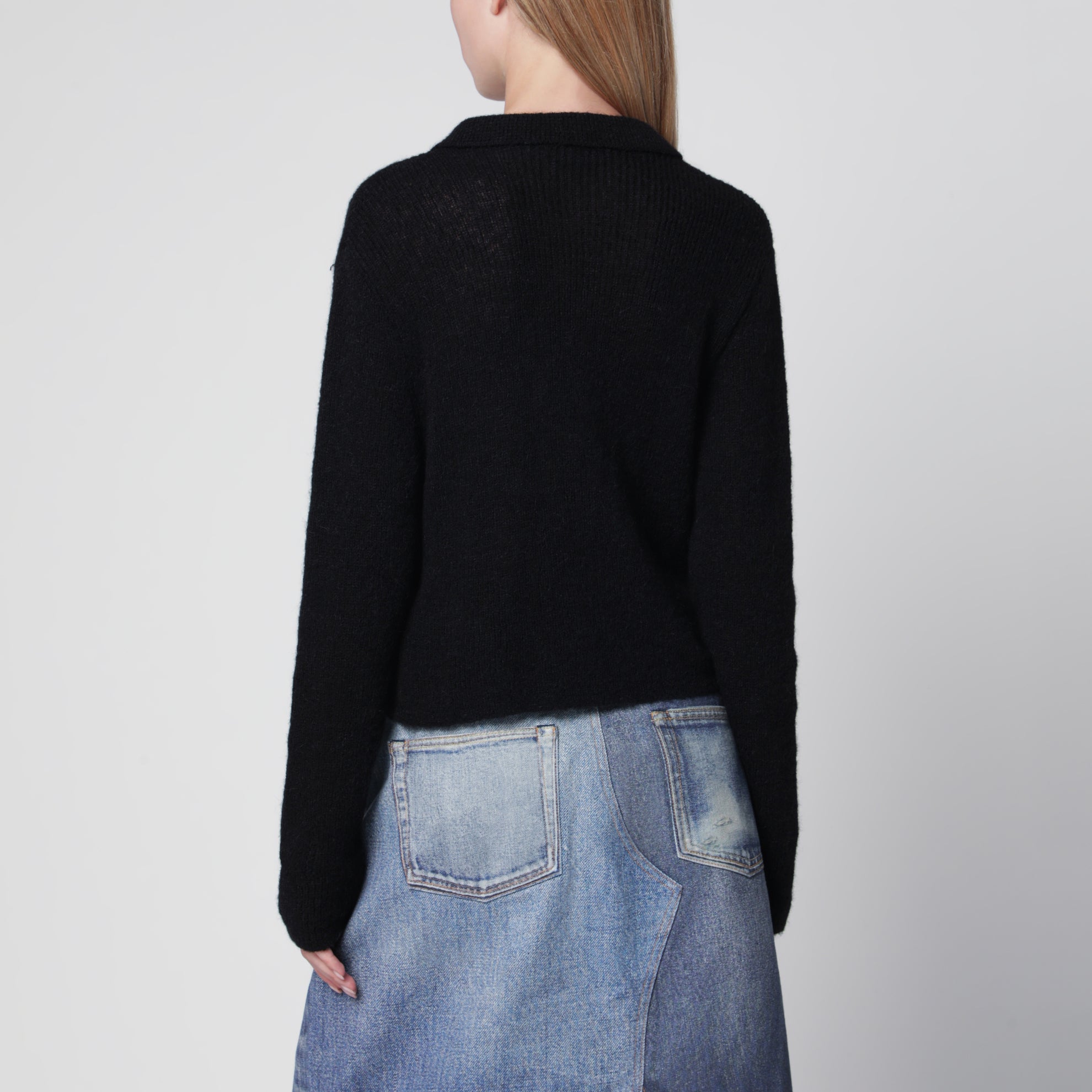 Schwarzer Polo-Cardigan aus Alpaka-Mischgewebe