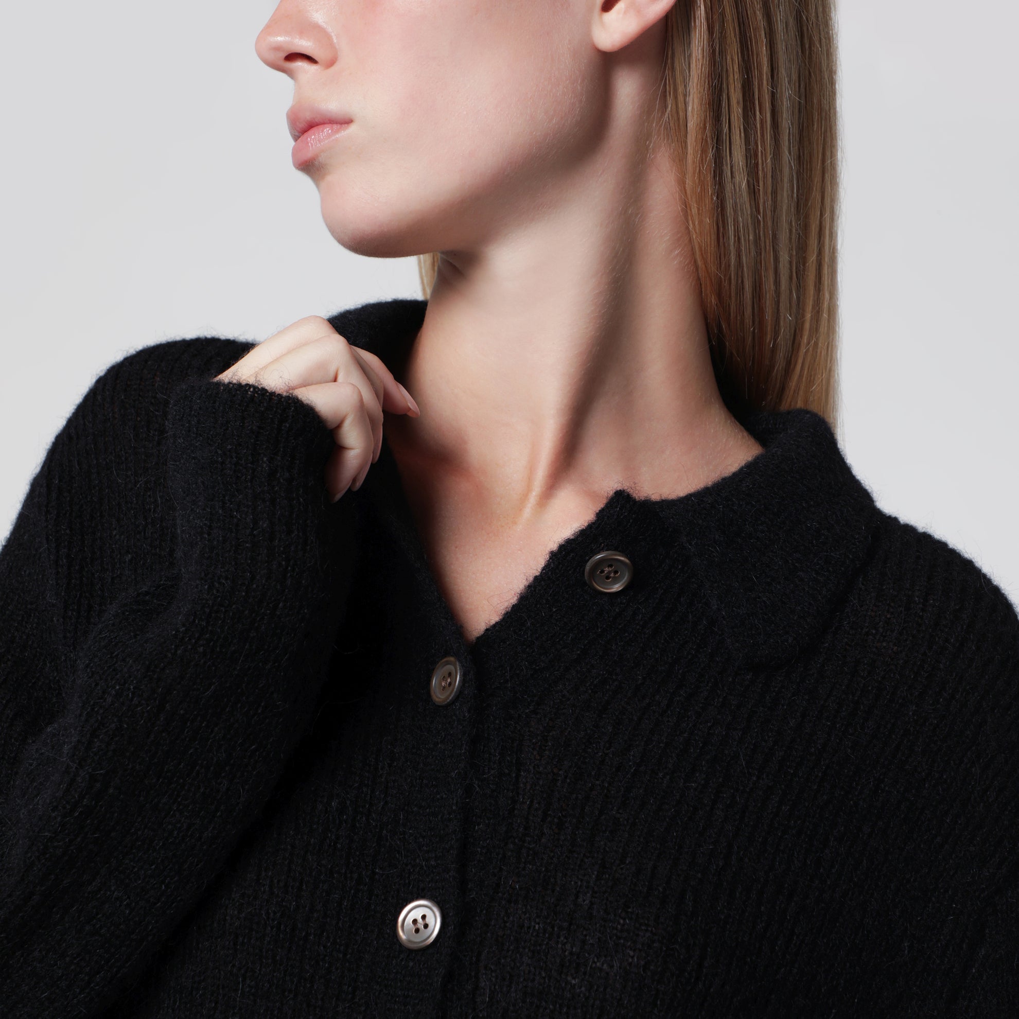 Schwarzer Polo-Cardigan aus Alpaka-Mischgewebe
