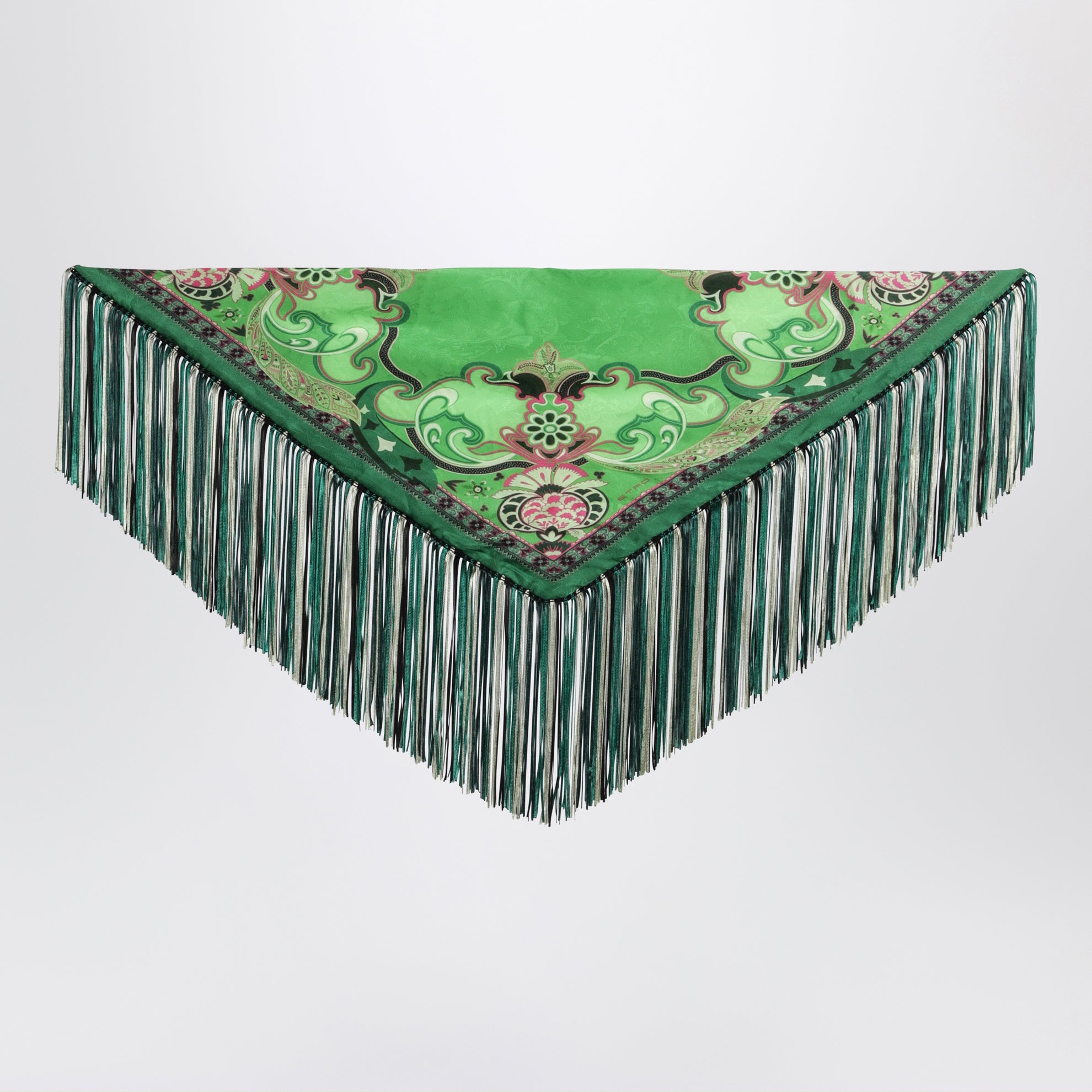 Green silk jacquard scarf with fringes