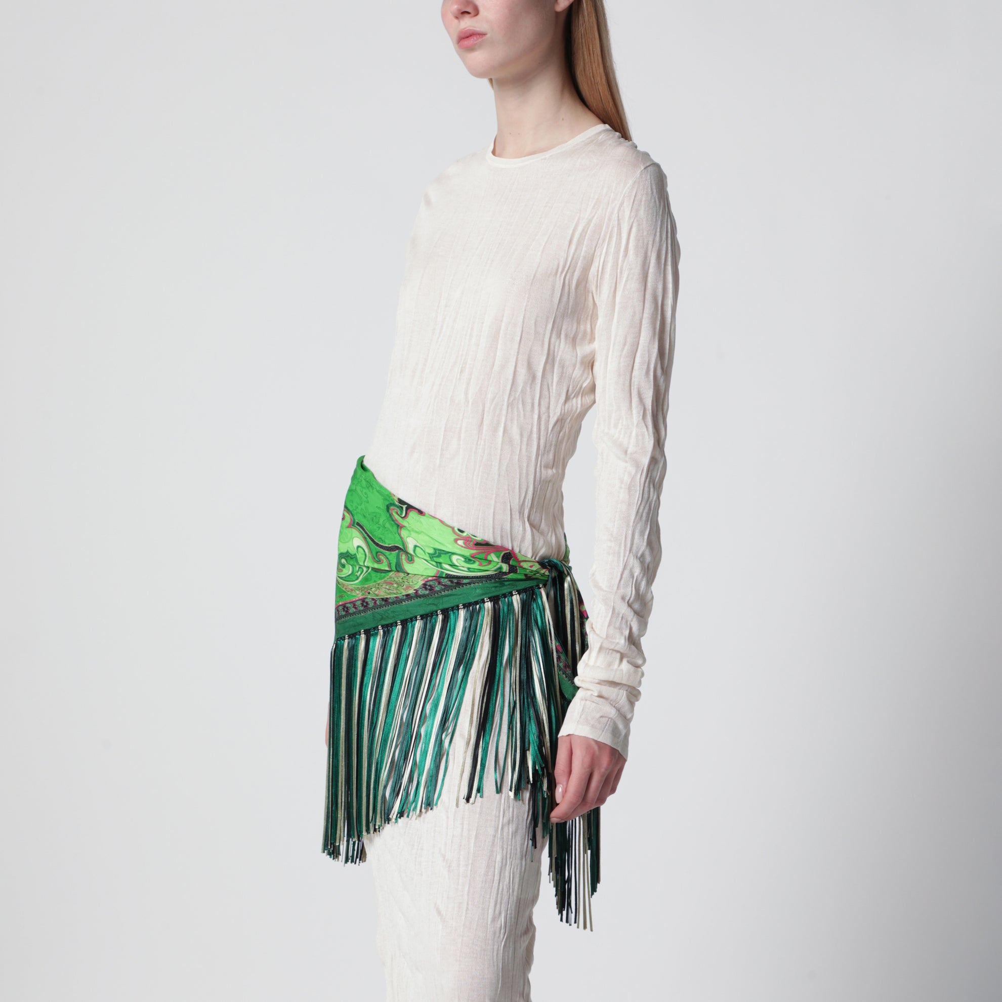 Green silk jacquard scarf with fringes